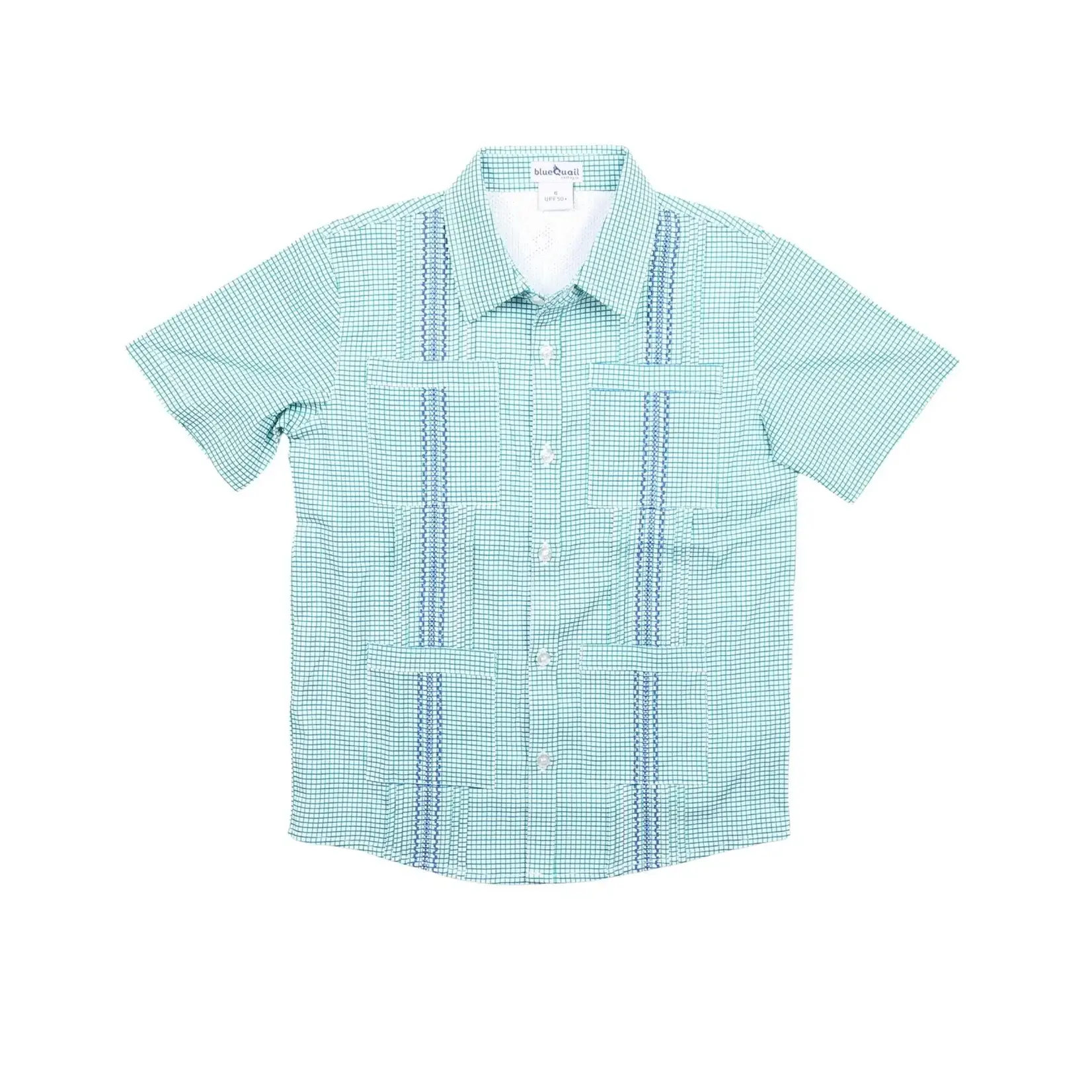Blue Quail Guayabera - Navy/Jade Check Short Sleeve Shirt
