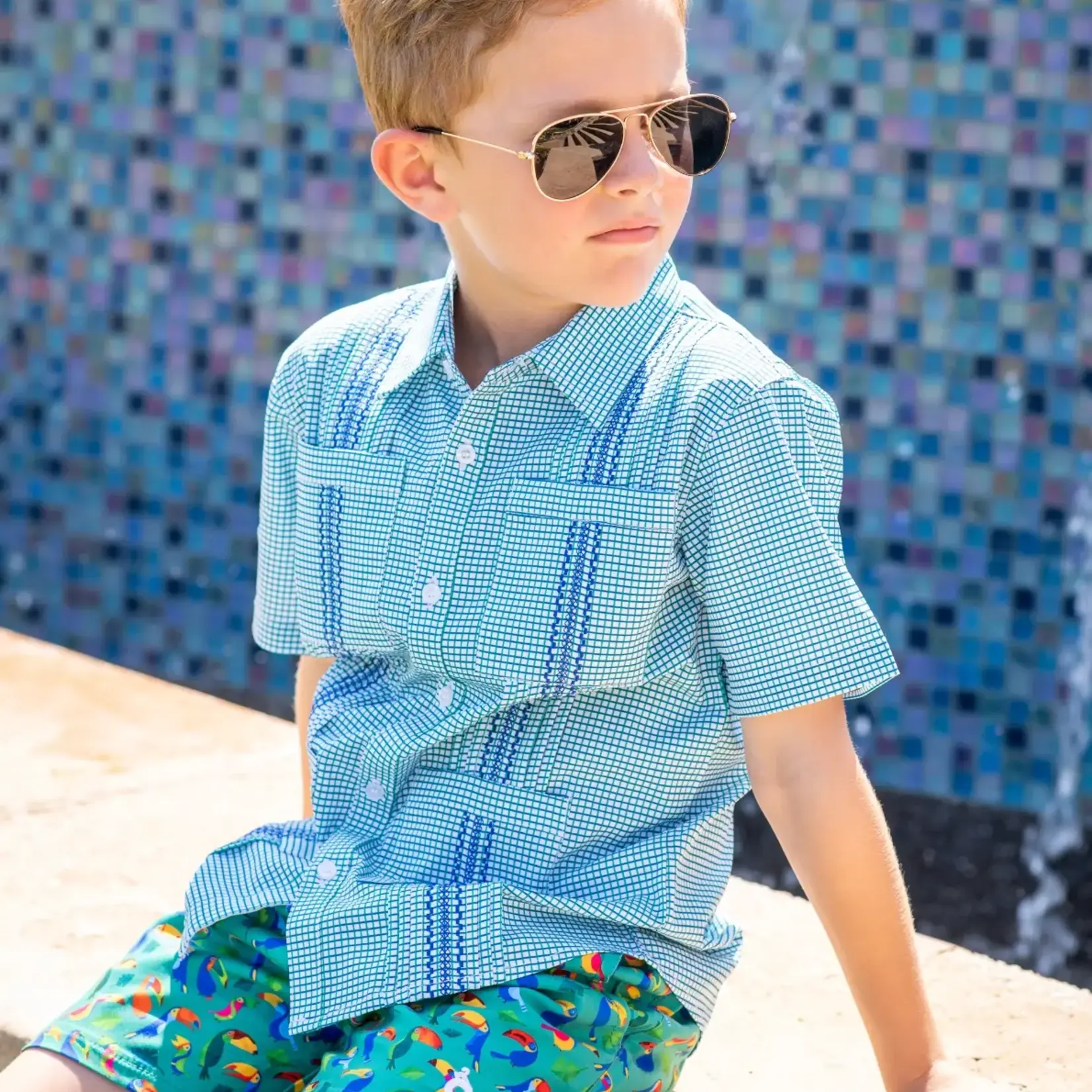 Blue Quail Guayabera - Navy/Jade Check Short Sleeve Shirt