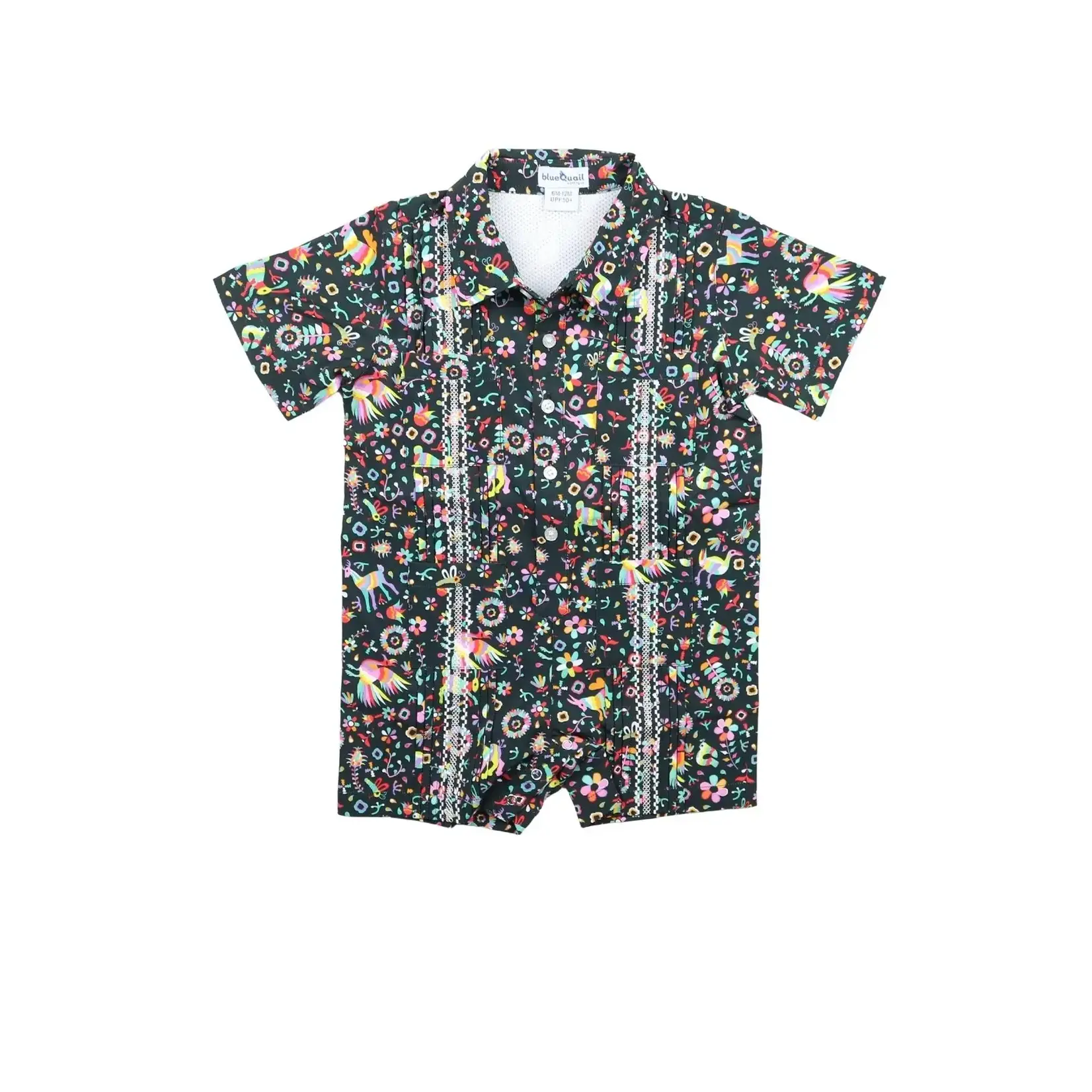 Blue Quail Guayabera- Dark Otomi Short Sleeve Romper