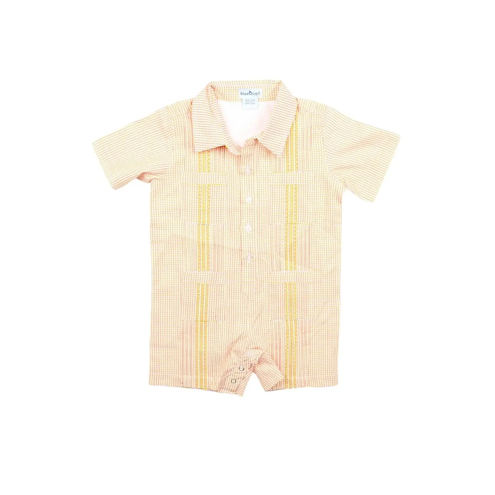 Blue Quail Guayabera- Pink/Citrus Check Short Sleeve Romper