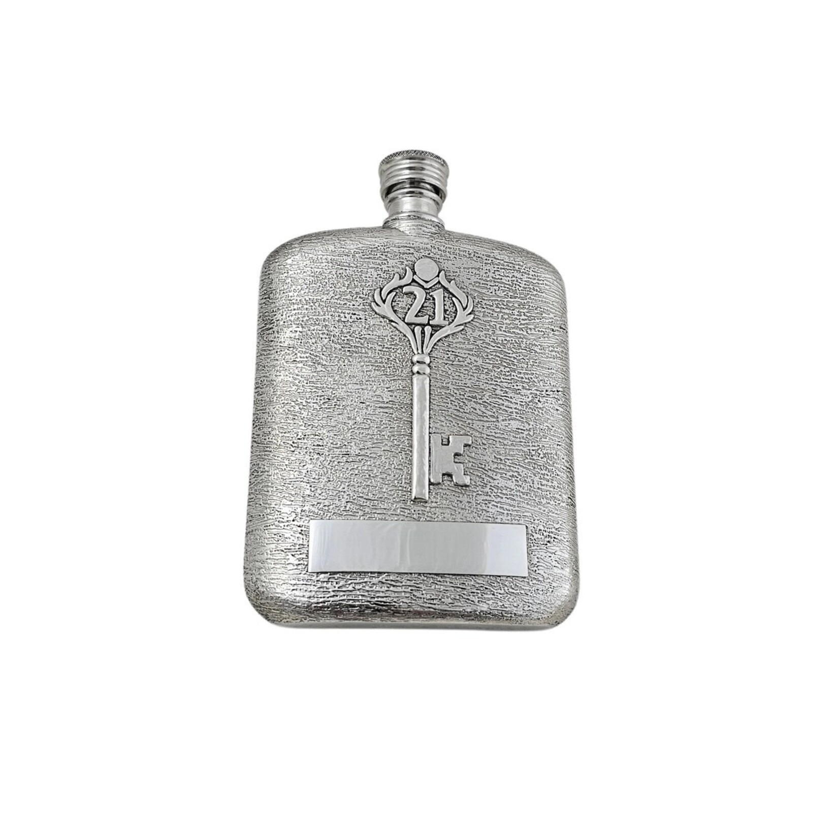 Corbell Silver 21st Birthday Flask Bark Design with Cartouche 6oz Pewter