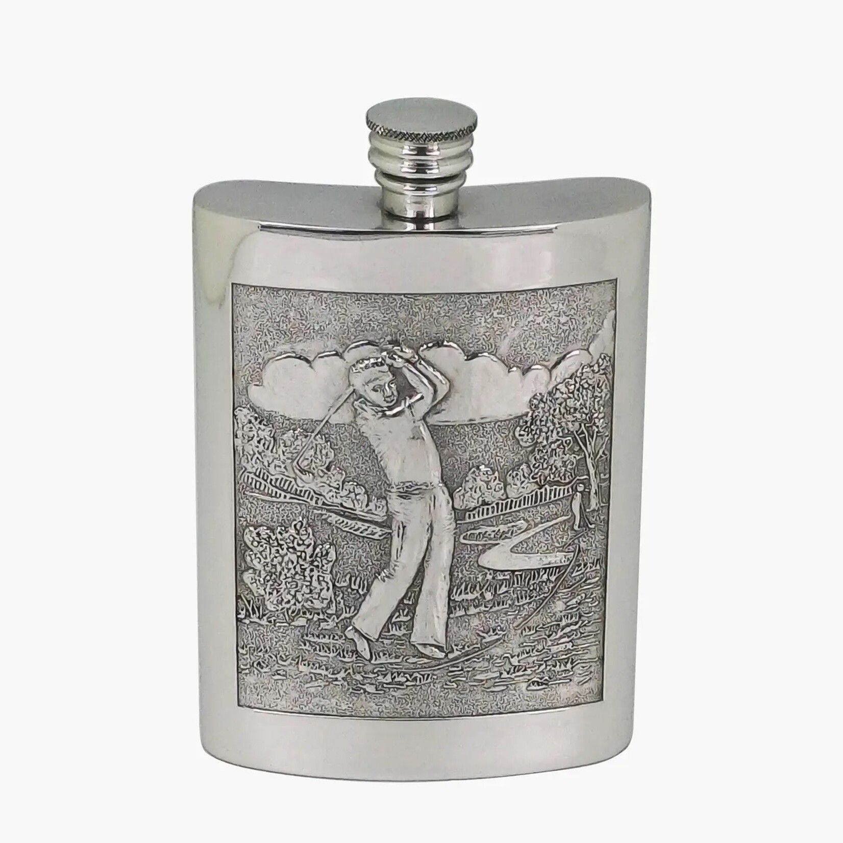 Corbell Silver Golf Scene Flask with Plain Back 6oz Pewter Boxed with Pouch