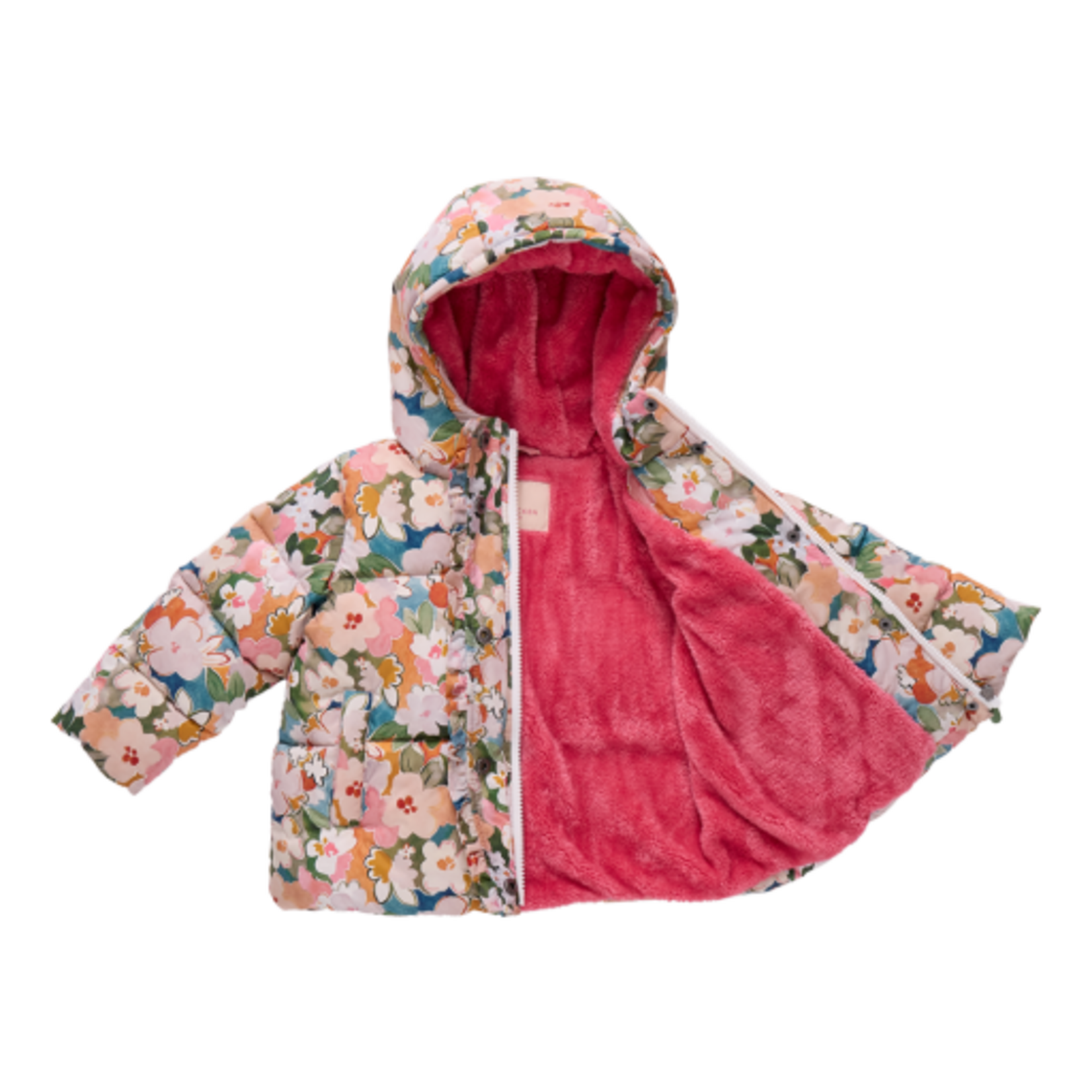 Pink Chicken girls ruffle pete puffer - watercolor floral