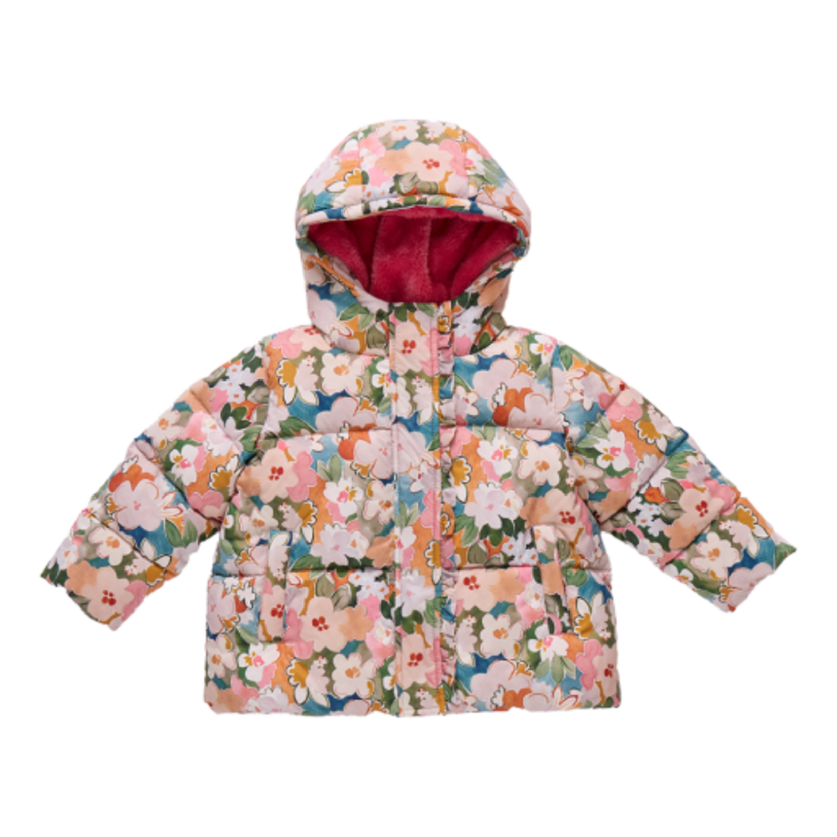 Pink Chicken girls ruffle pete puffer - watercolor floral