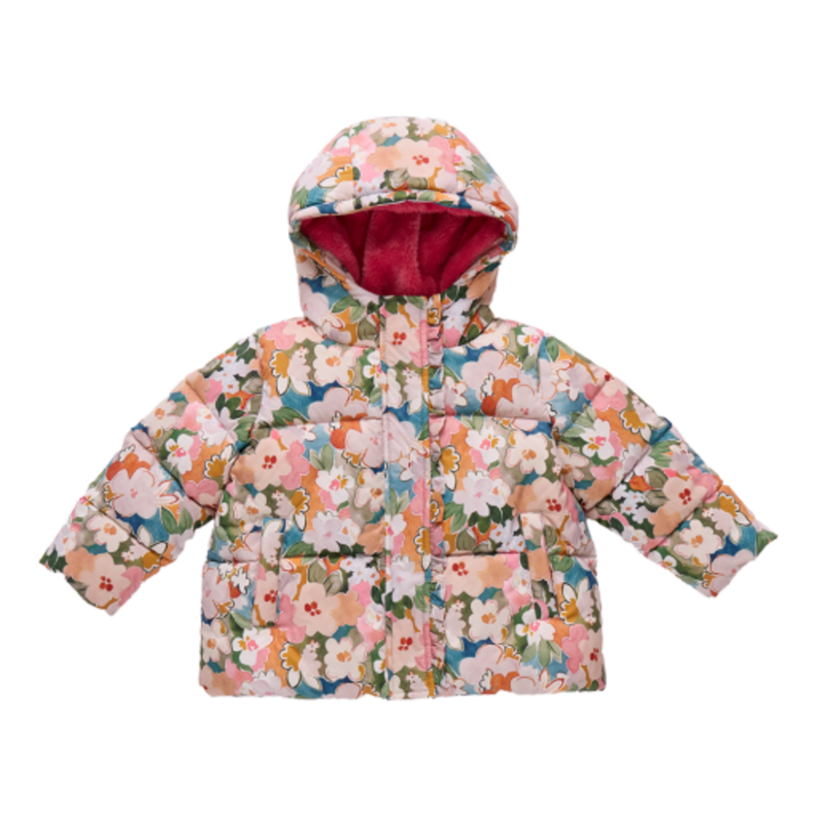 Pink Chicken girls ruffle pete puffer - watercolor floral