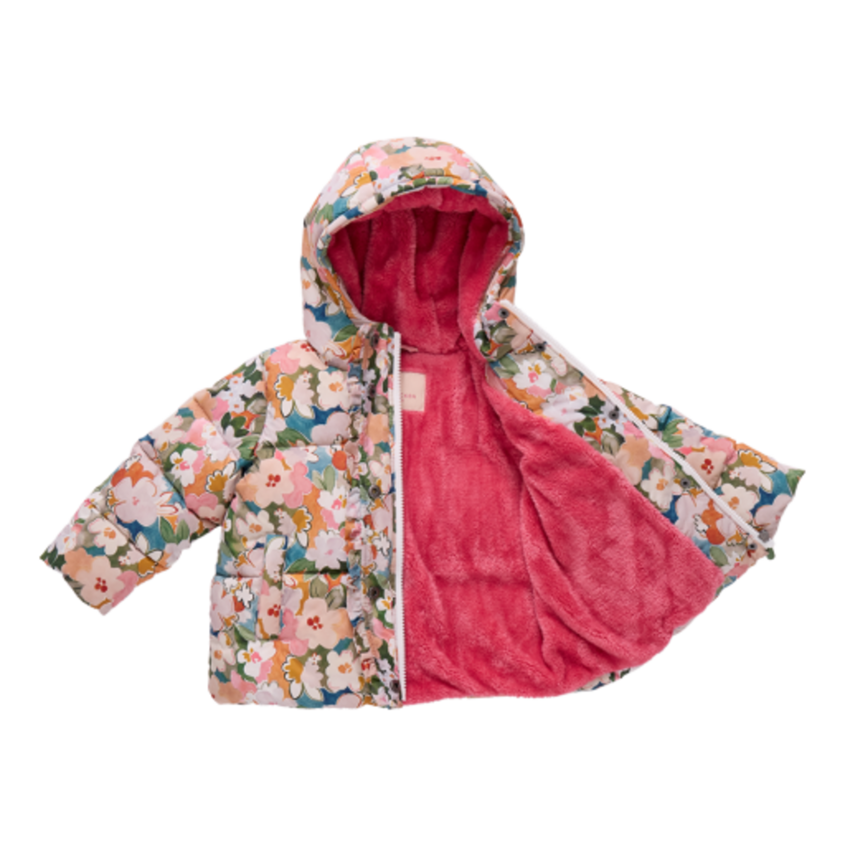 Pink Chicken girls ruffle pete puffer - watercolor floral