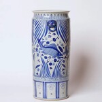 Cobalt Guild Tall Blue and White River Fish Porcelain Umbrella Stand