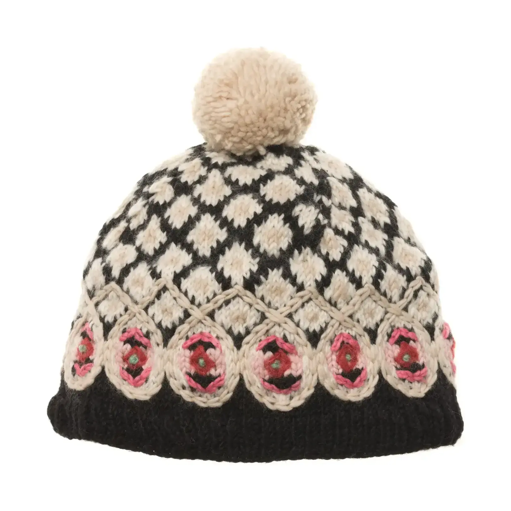 French Knot Black Vintage Chalet Women's Wool Beanie