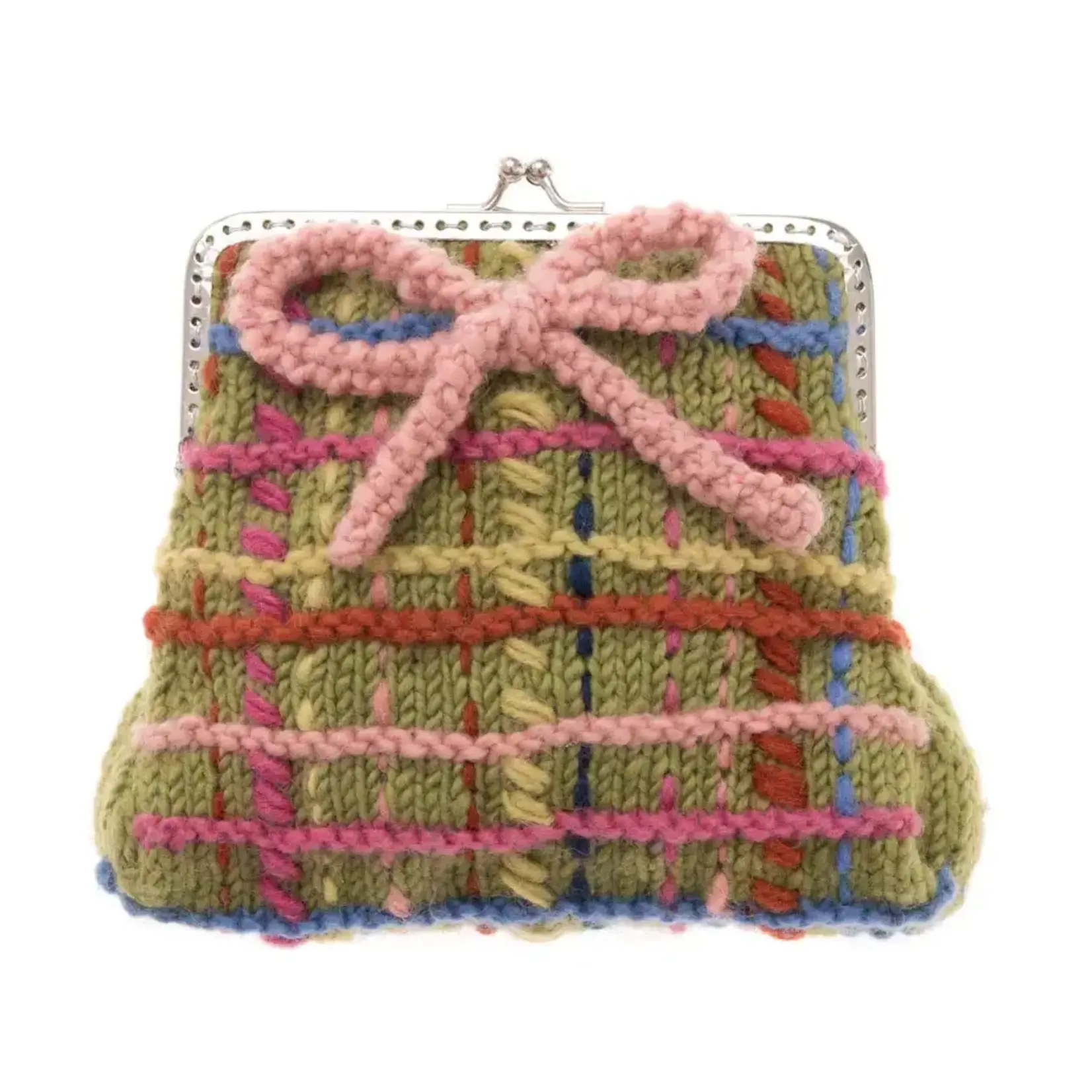 French Knot Green Plaid Clasp Pouch