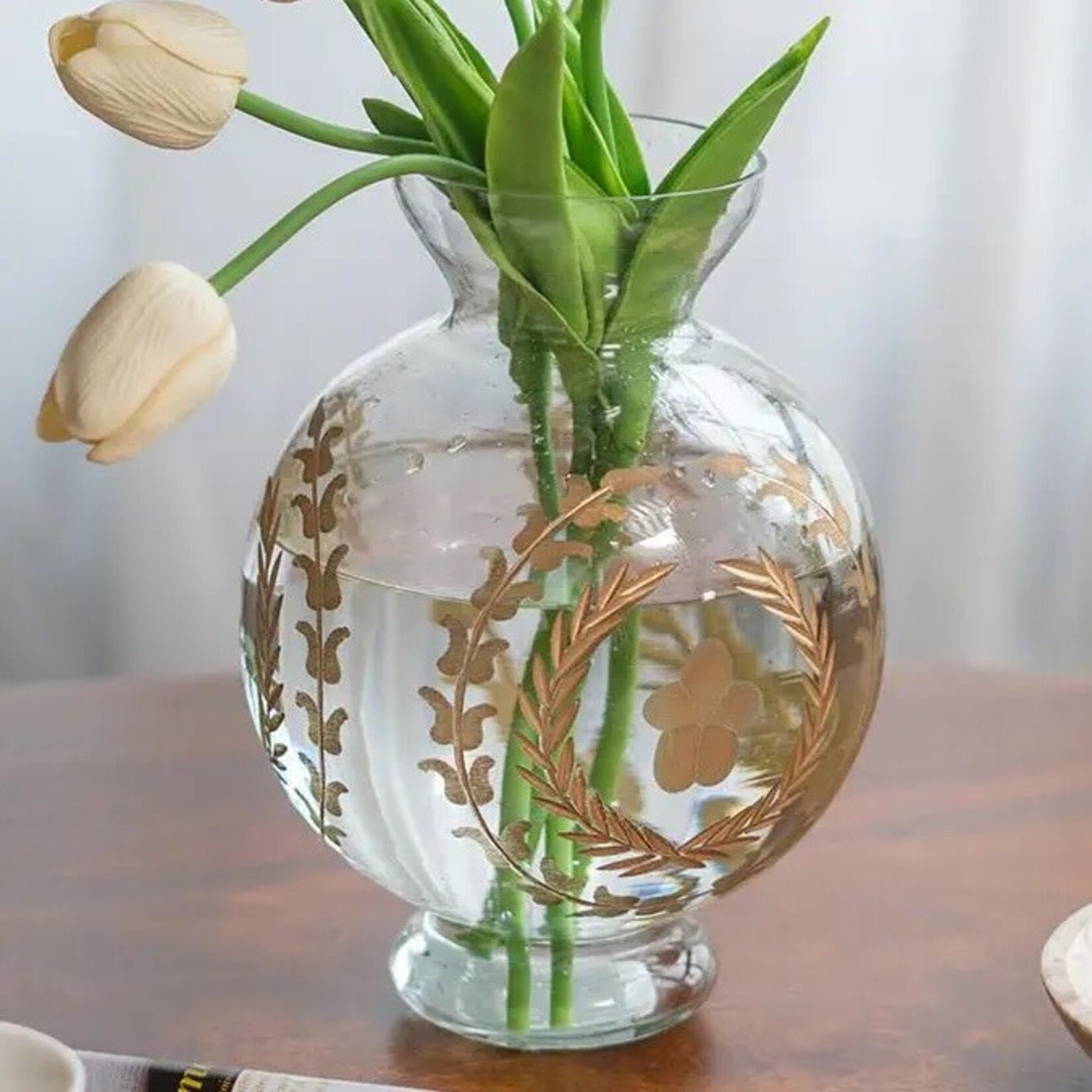 A&B Home Group, Inc D6x8.5" Curved Glass Pedestal Vase with Gold Floral Motifs