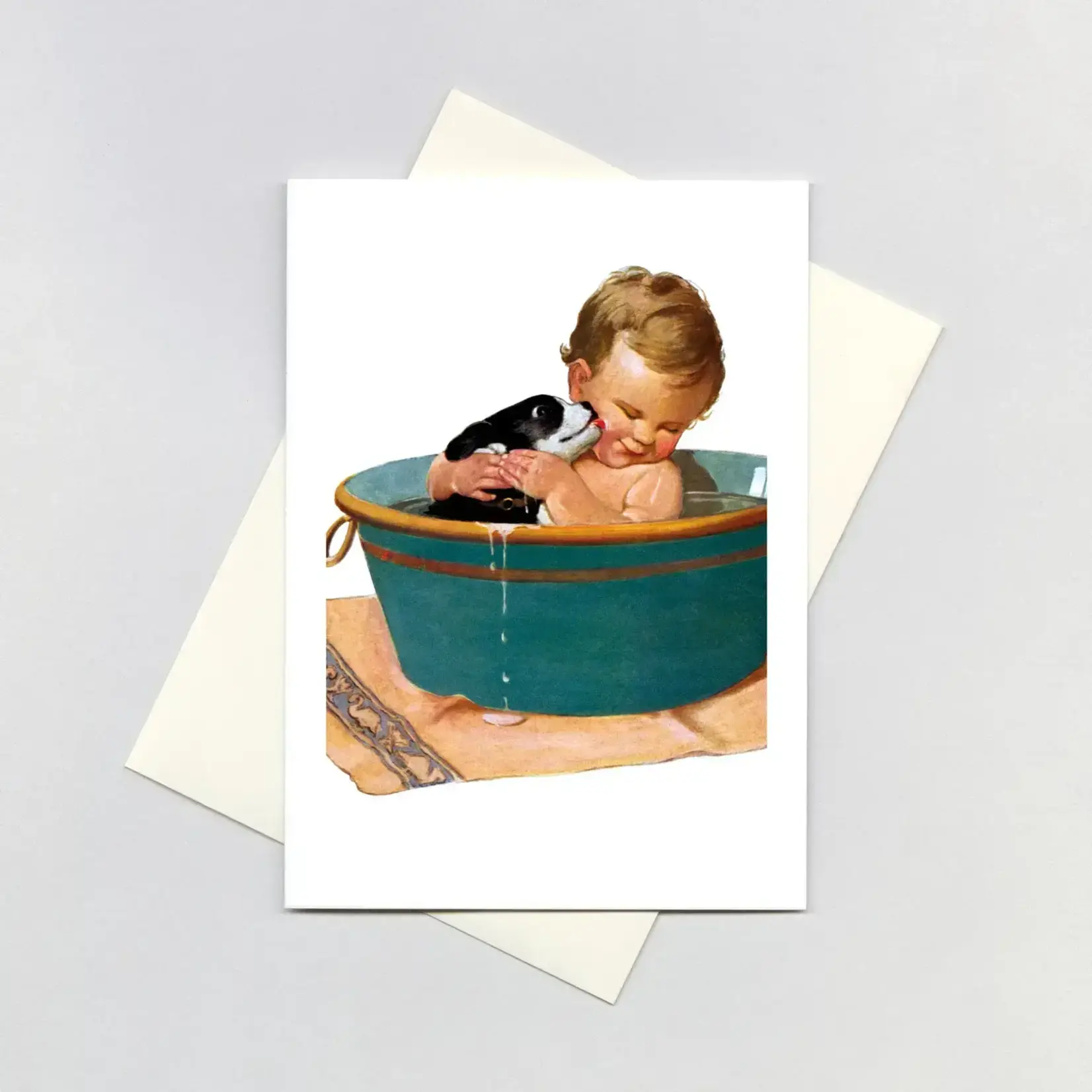 Laughing Elephant Puppy and Baby in Bath - Friendship Card