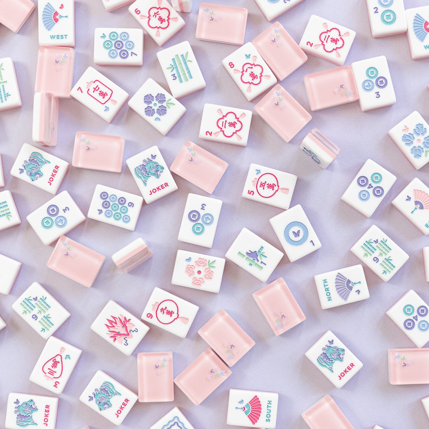 Bam Bird Boutique Rose Classic Mahjong Tile Set with Teal/Pink Velvet Tile Bag