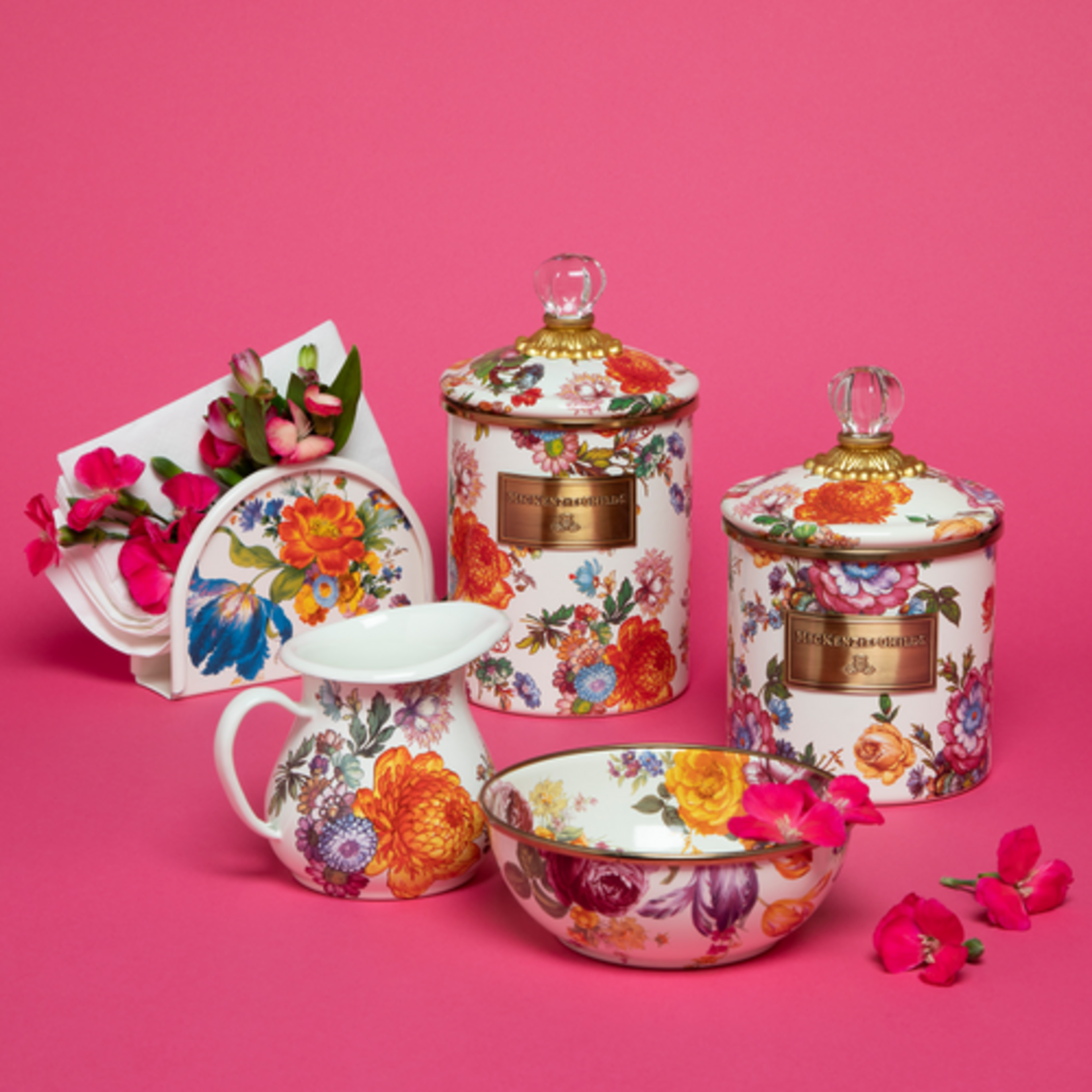 MacKenzie-Childs white flower market medium canister