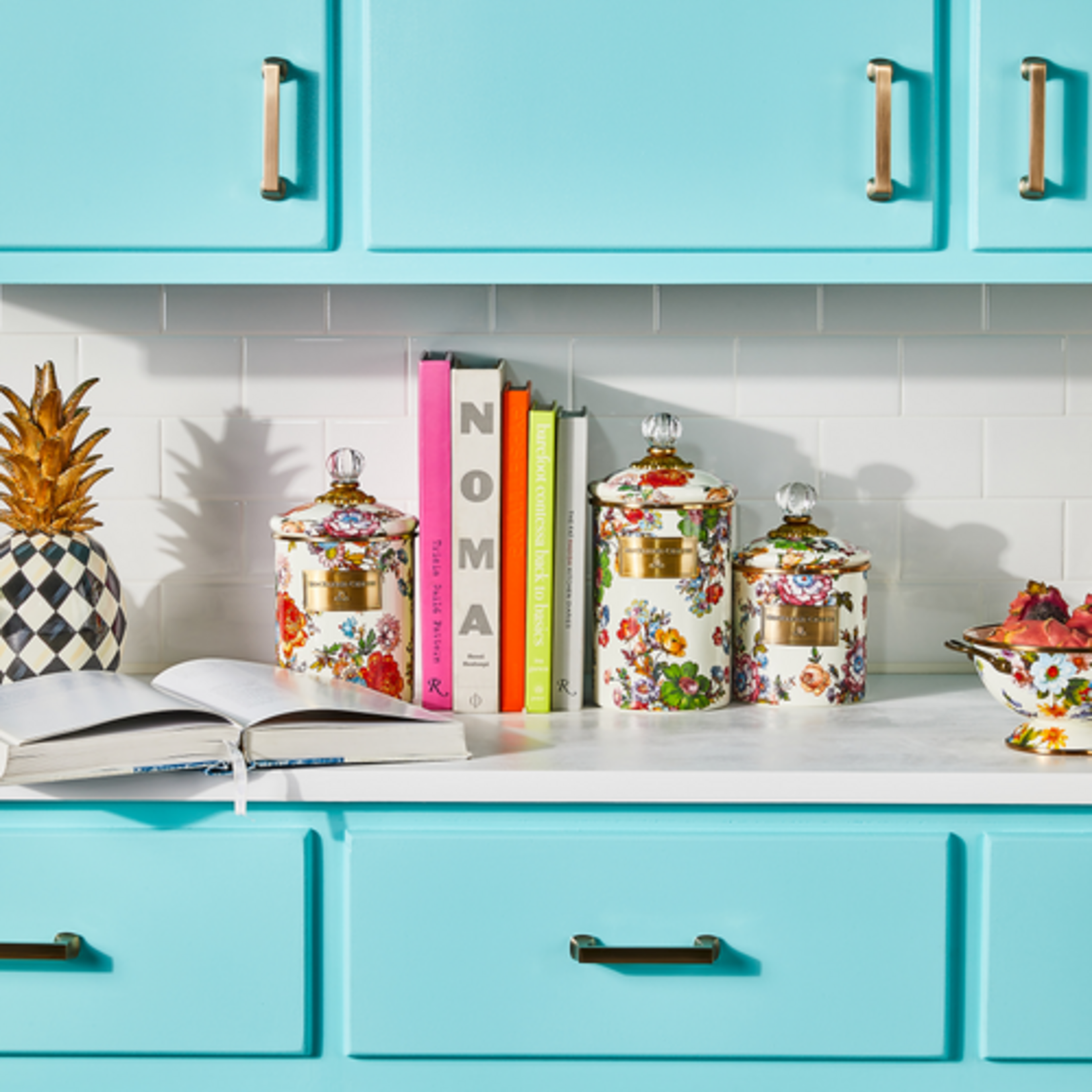 MacKenzie-Childs white flower market medium canister