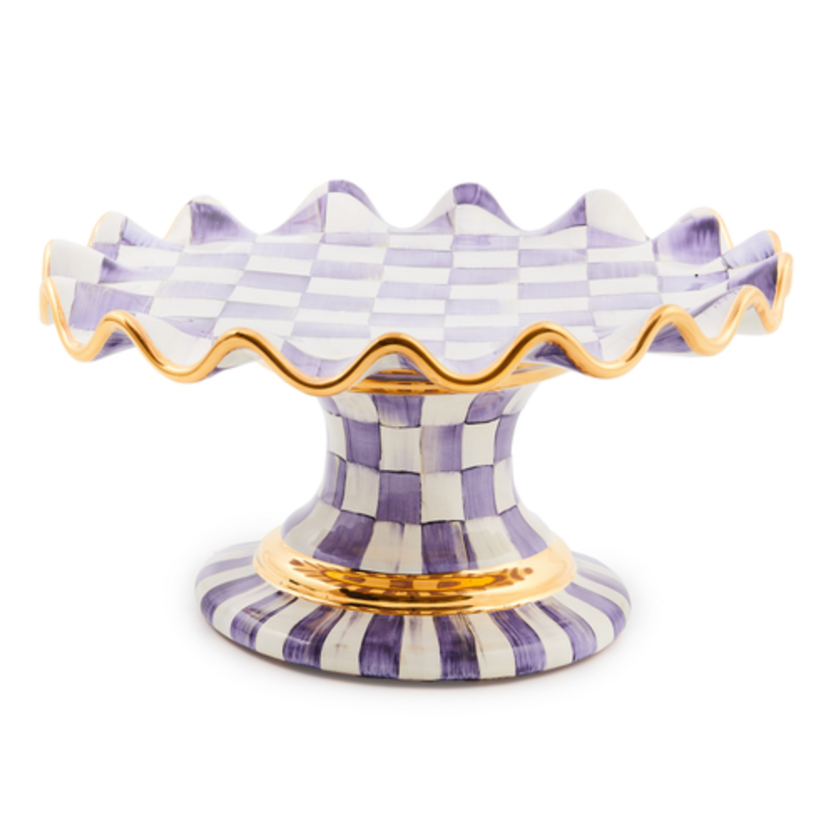 MacKenzie-Childs violet check ceramic fluted cake stand