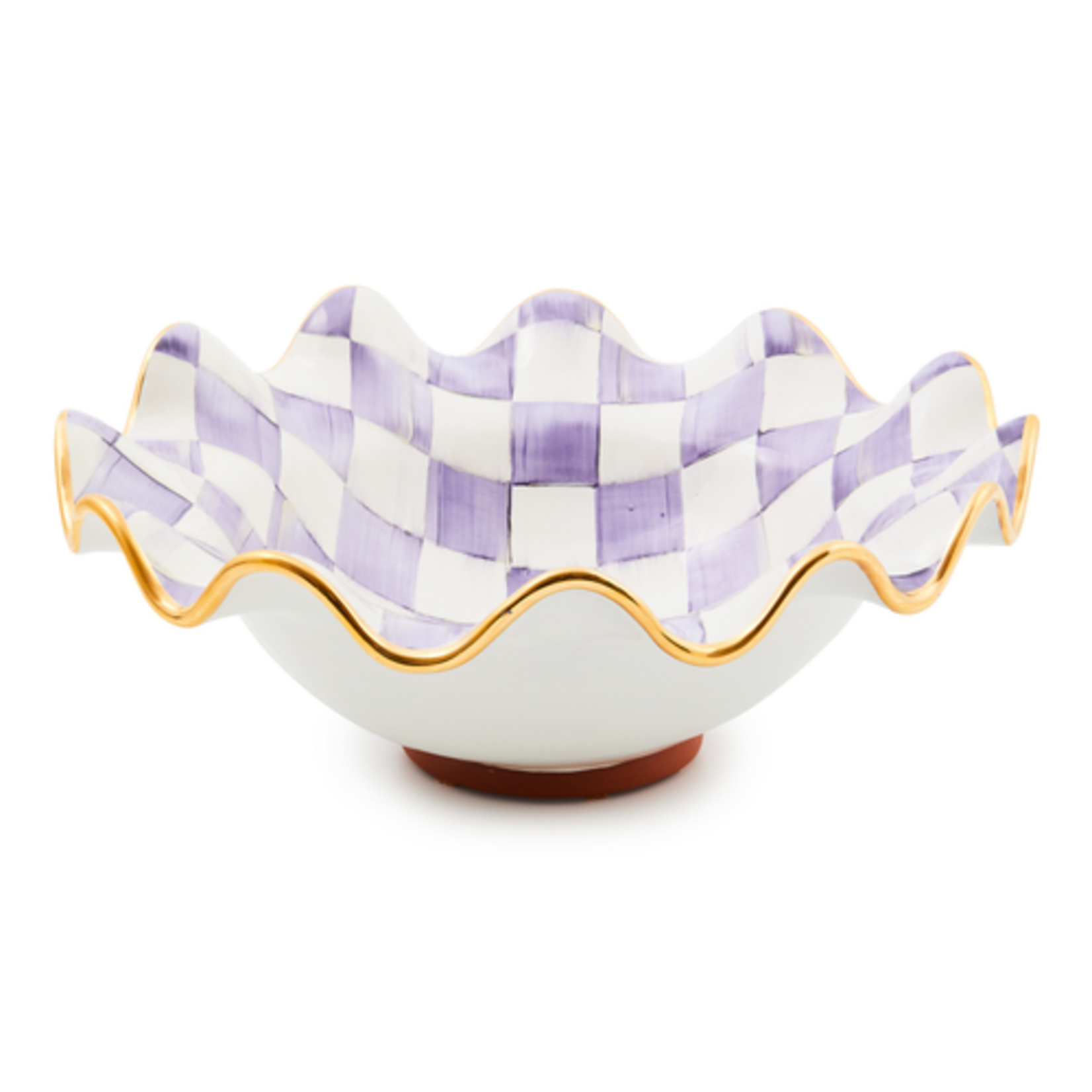 MacKenzie-Childs violet check medium ceramic fluted serving bowl