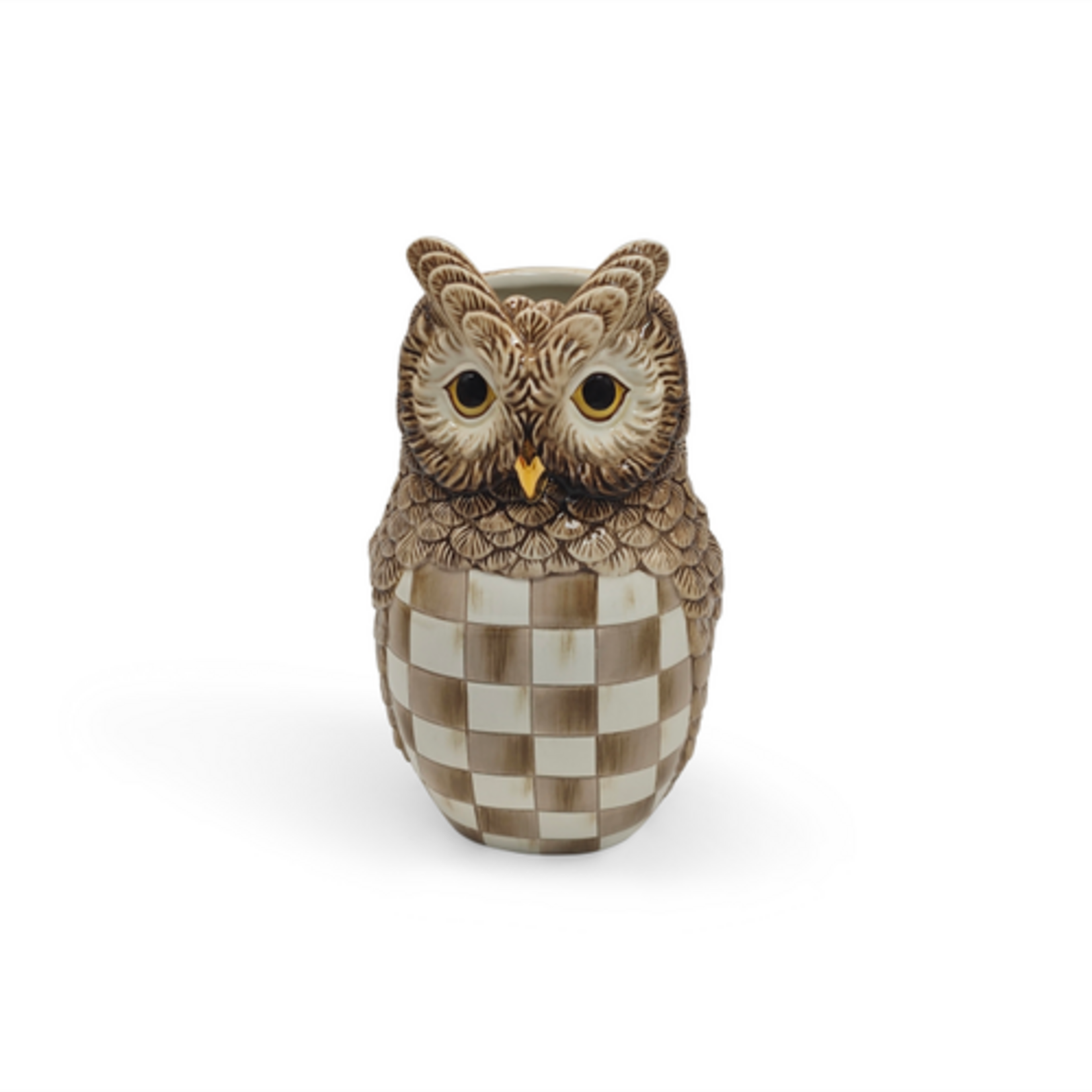 MacKenzie-Childs mocha check ceramic owl vase