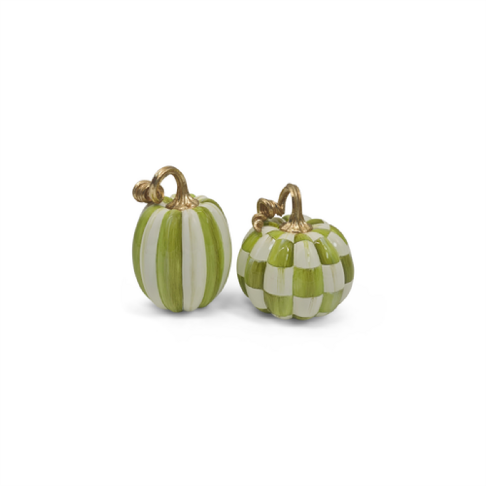 MacKenzie-Childs moss check and stripe petite pumpkins, set of 2