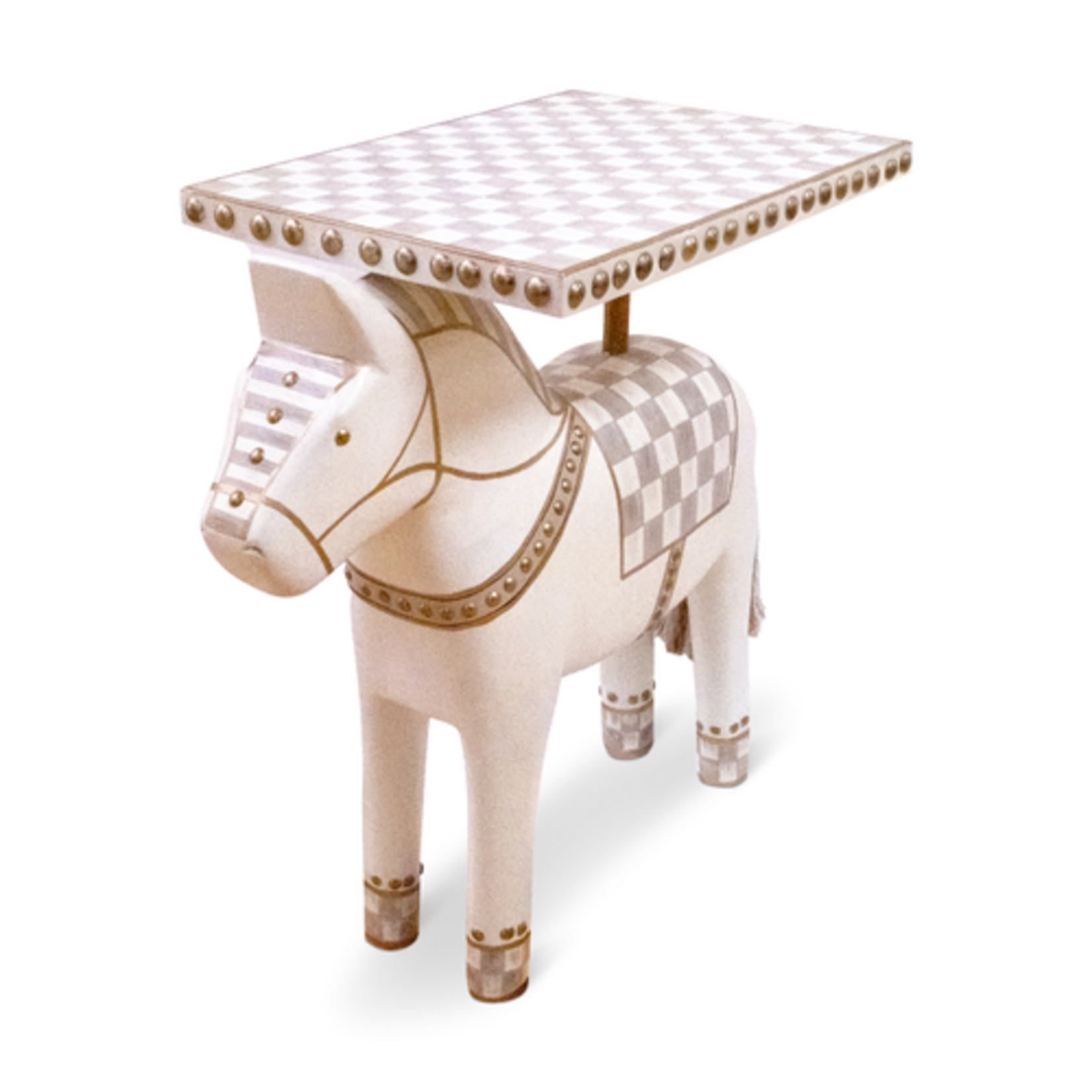 MacKenzie-Childs mocha check carved horse table