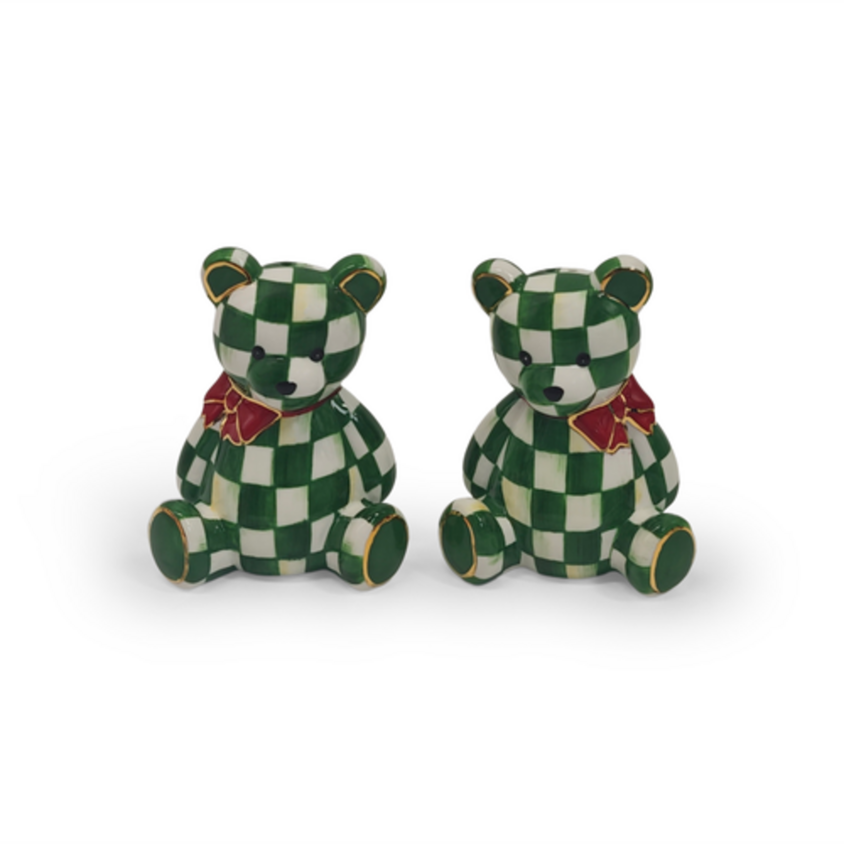 MacKenzie-Childs emerald check holiday bear salt & pepper set