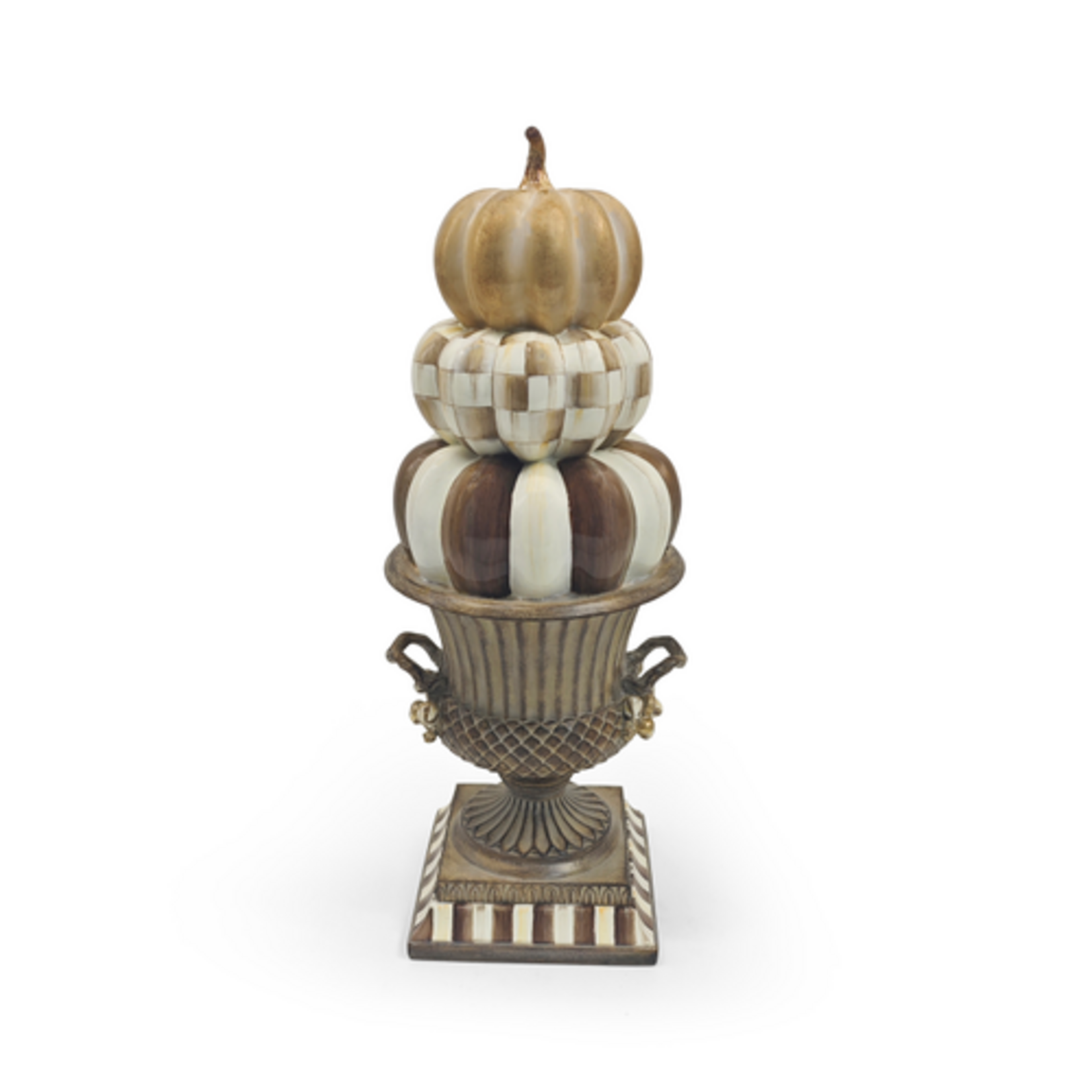 MacKenzie-Childs tabletop stacked pumpkins in urn