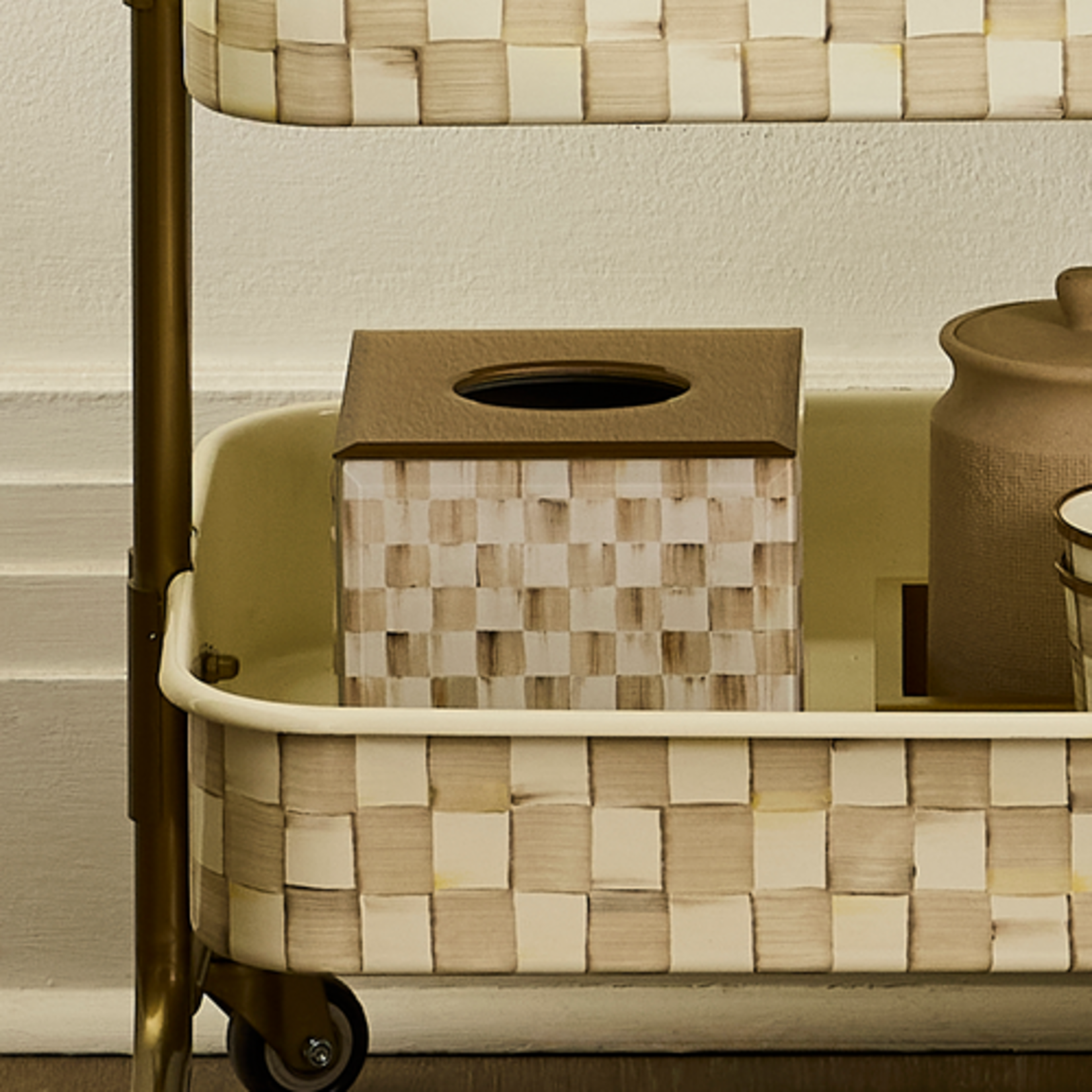 MacKenzie-Childs mocha check glass boutique tissue box cover