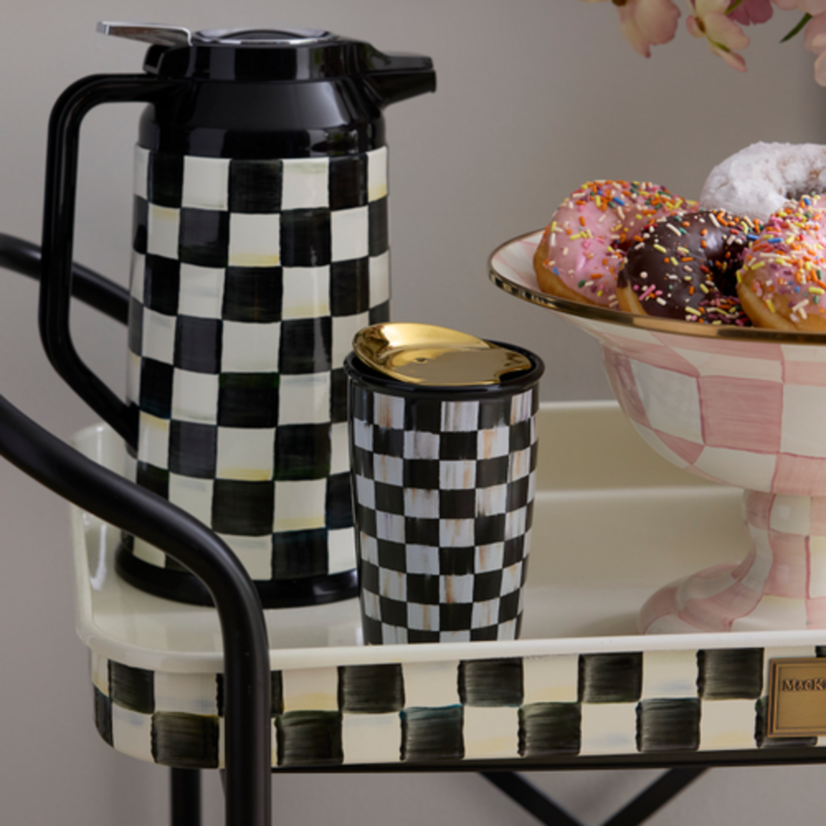 MacKenzie-Childs courtly check ceramic travel cup