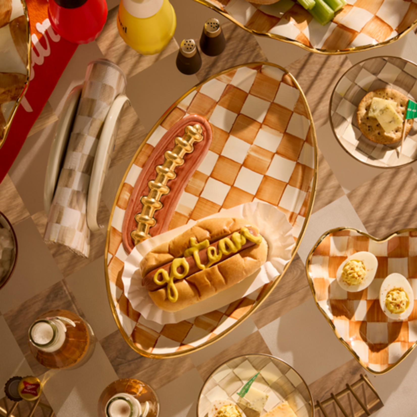 MacKenzie-Childs ginger check ceramic football platter