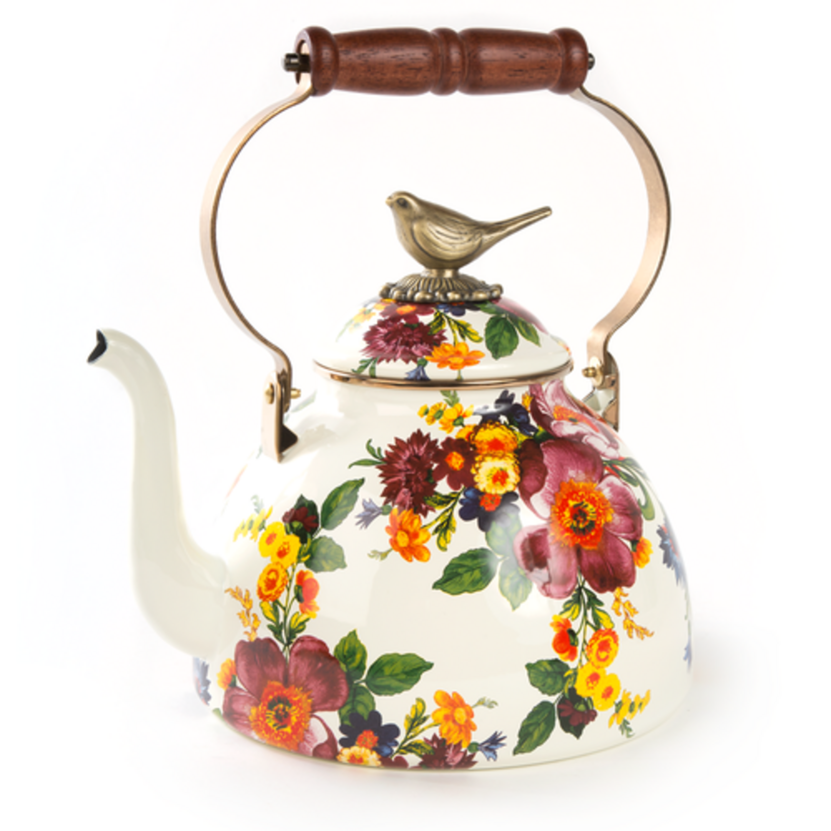 MacKenzie-Childs white flower market 3 quart tea kettle with bird