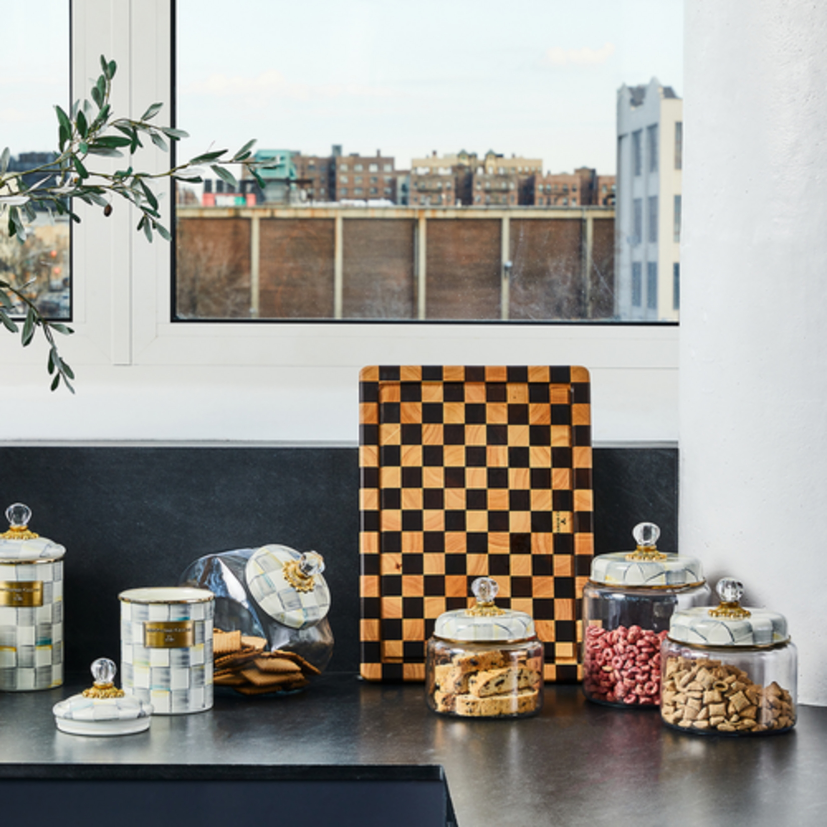 MacKenzie-Childs sterling check medium kitchen canister
