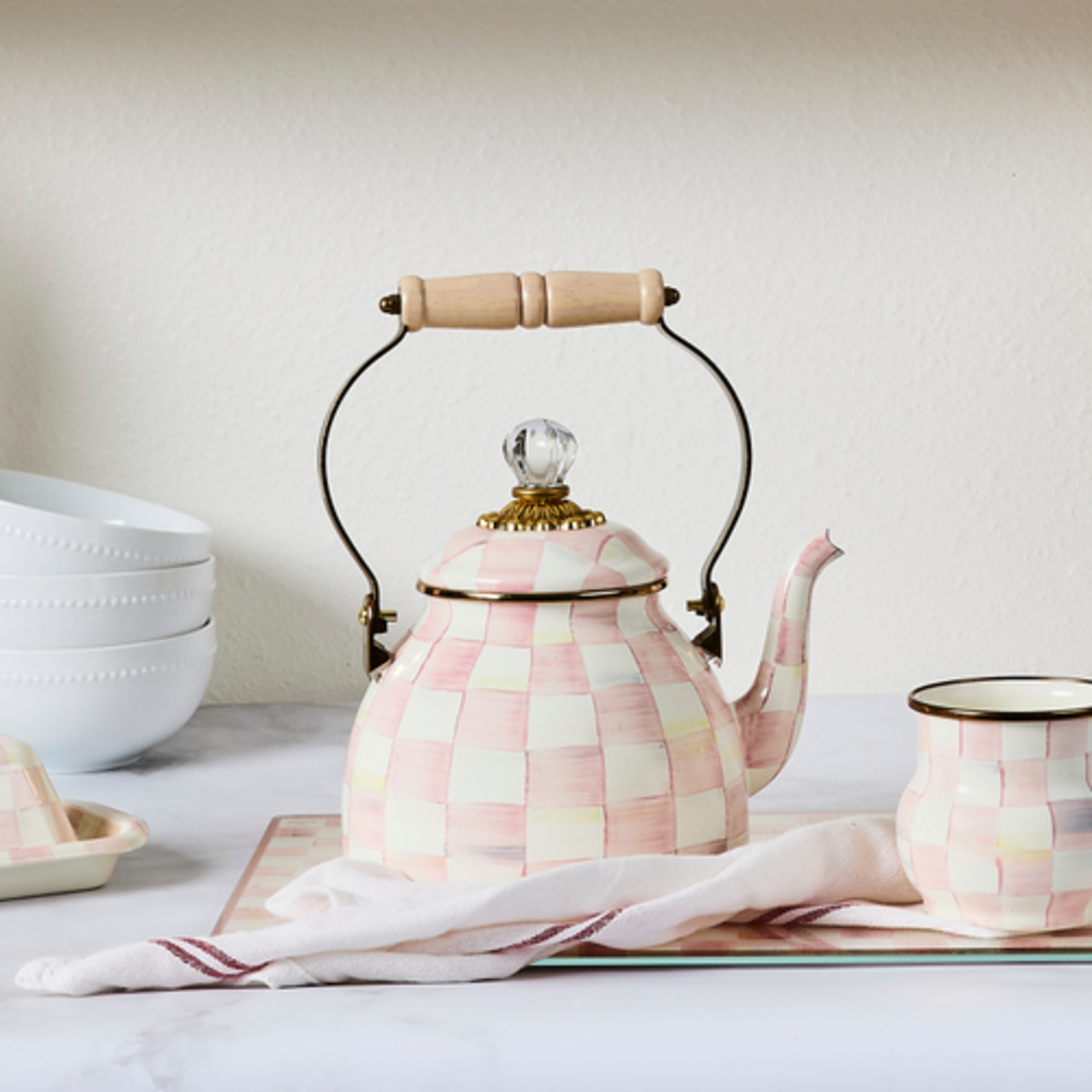 MacKenzie-Childs Rosy Check 2 Quart Tea Kettle
