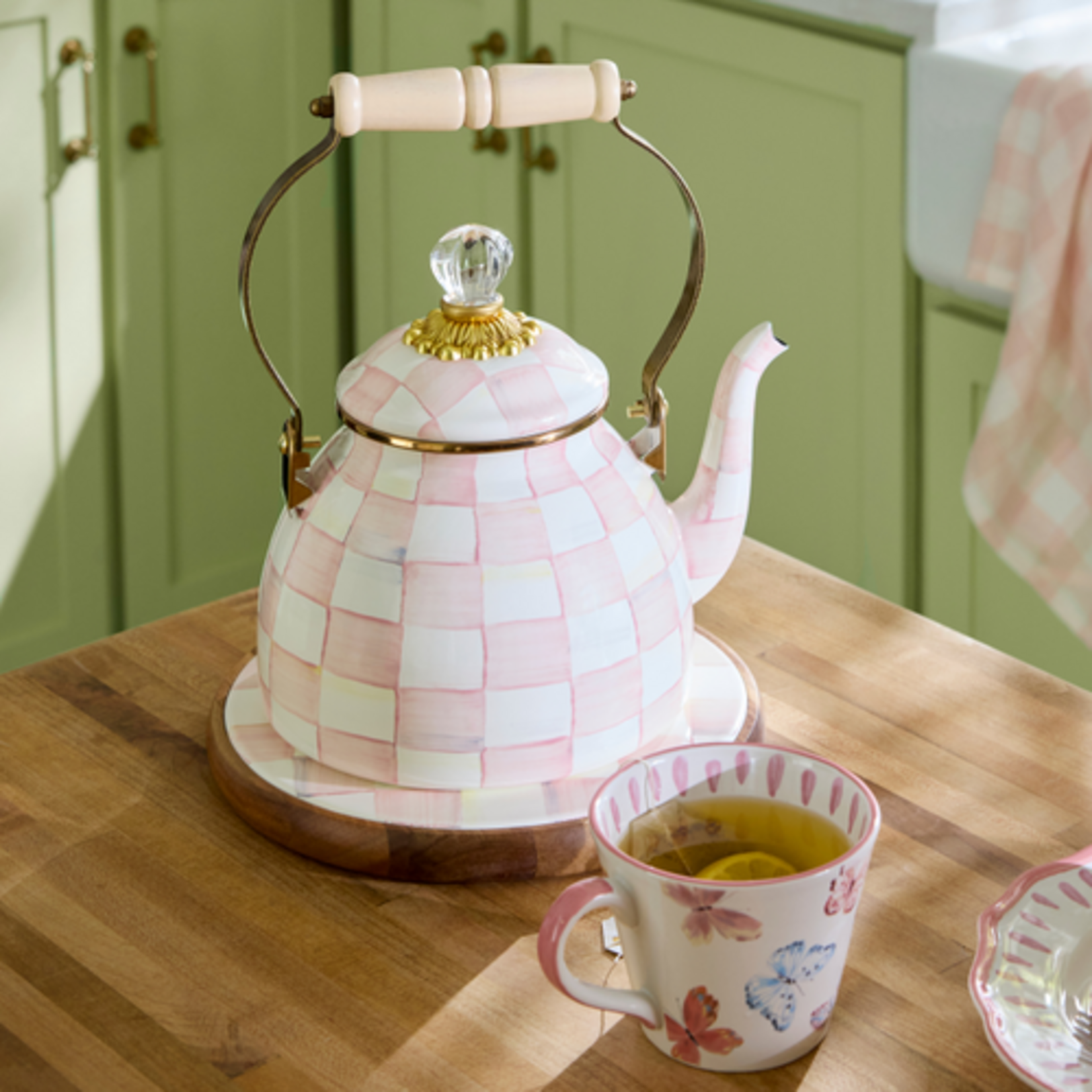MacKenzie-Childs Rosy Check 2 Quart Tea Kettle