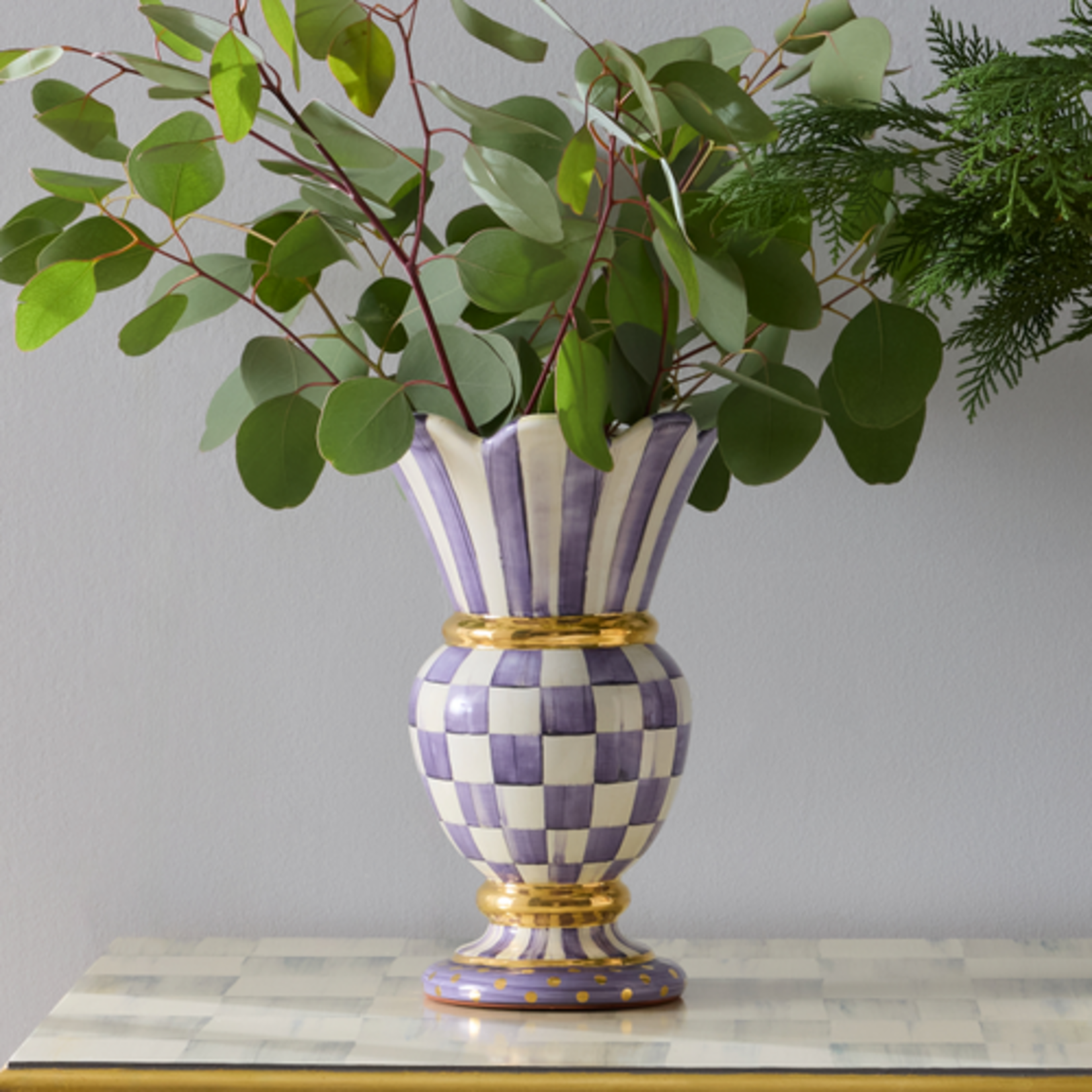 MacKenzie-Childs plum check ceramic great vase