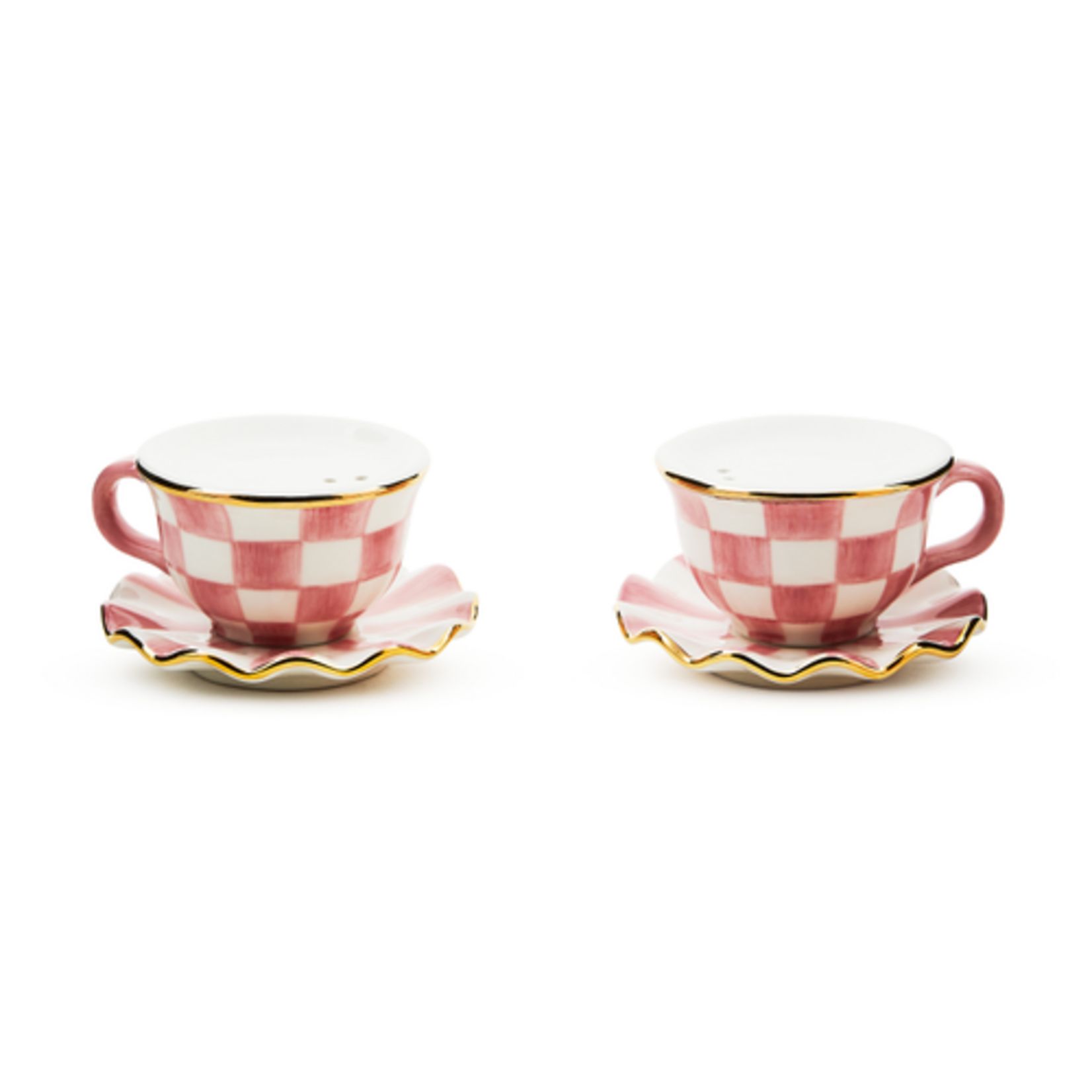 MacKenzie-Childs rosy check teacup salt & pepper set