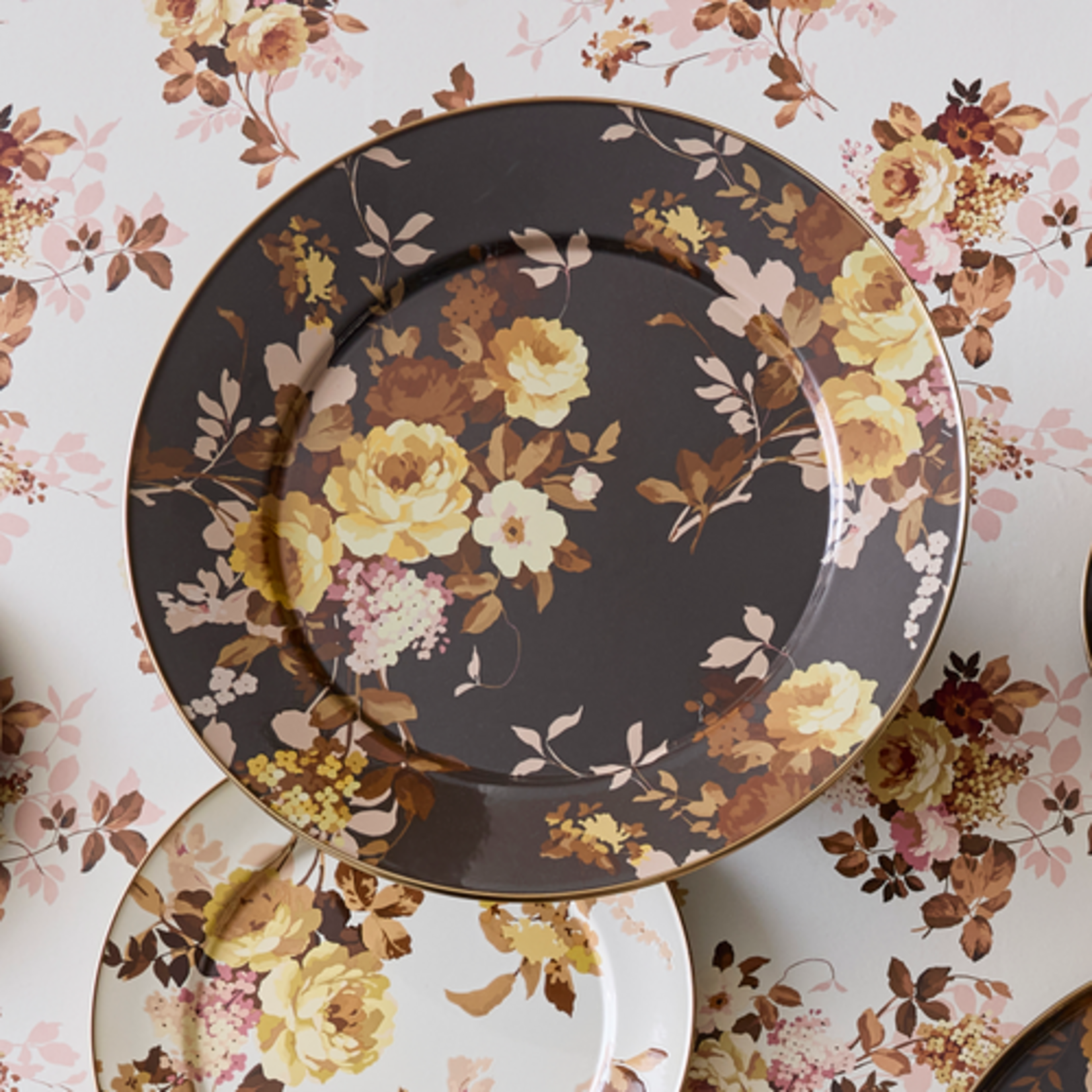 MacKenzie-Childs wild rose brown round tray