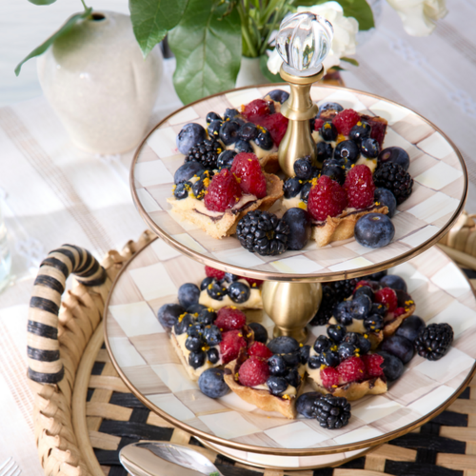 MacKenzie-Childs mocha check two tier sweet stand