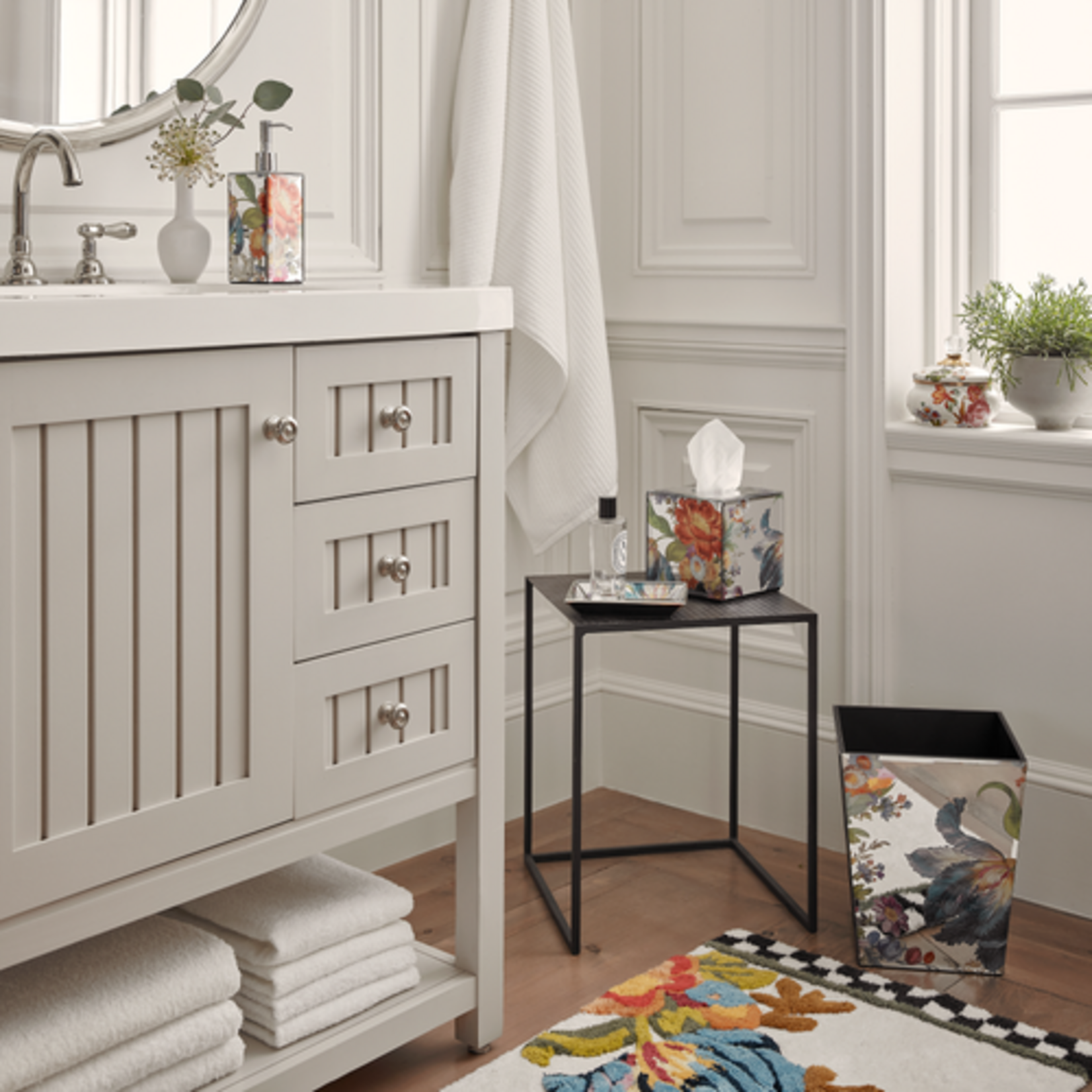 MacKenzie-Childs flower market reflections waste bin