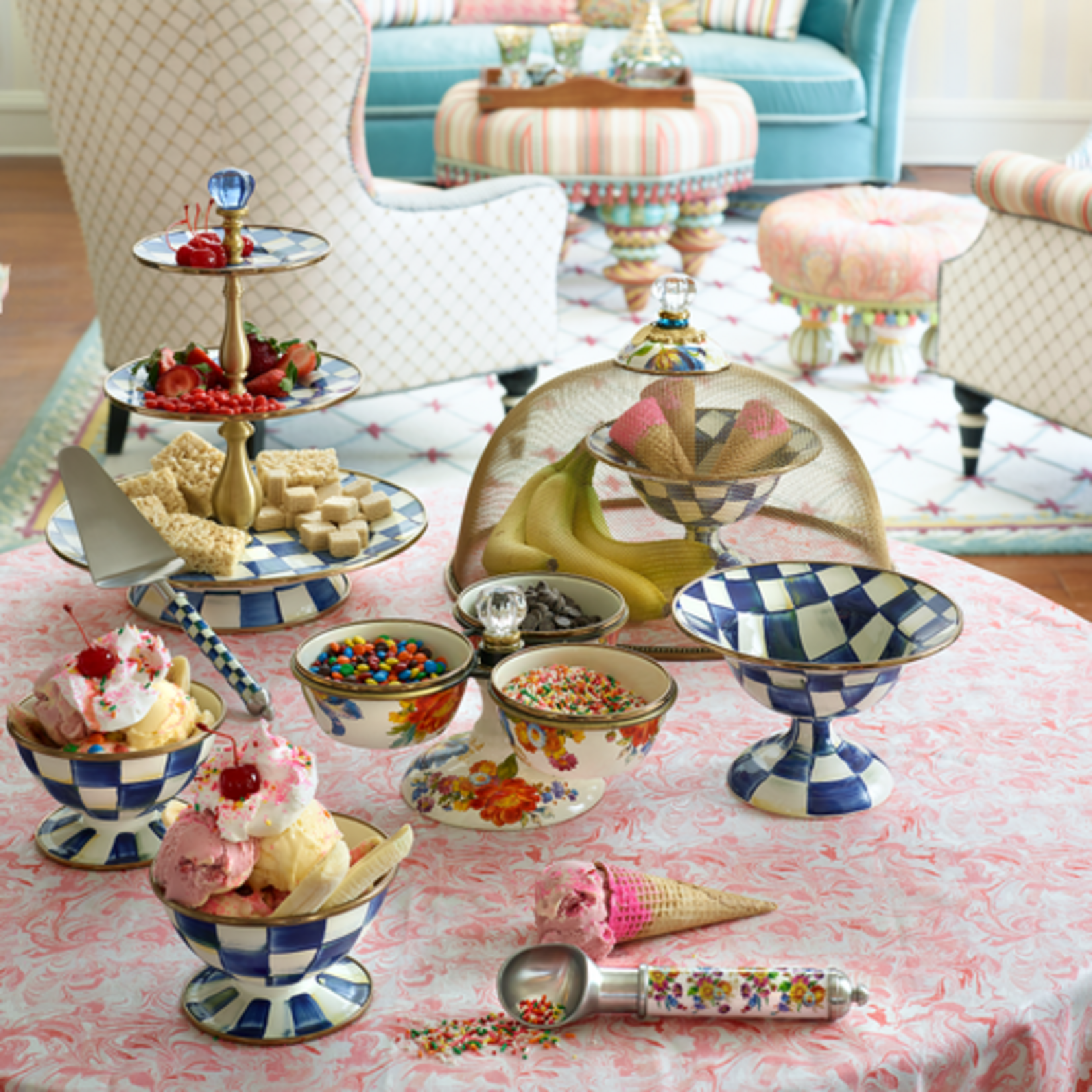 MacKenzie-Childs royal check three tier sweet stand