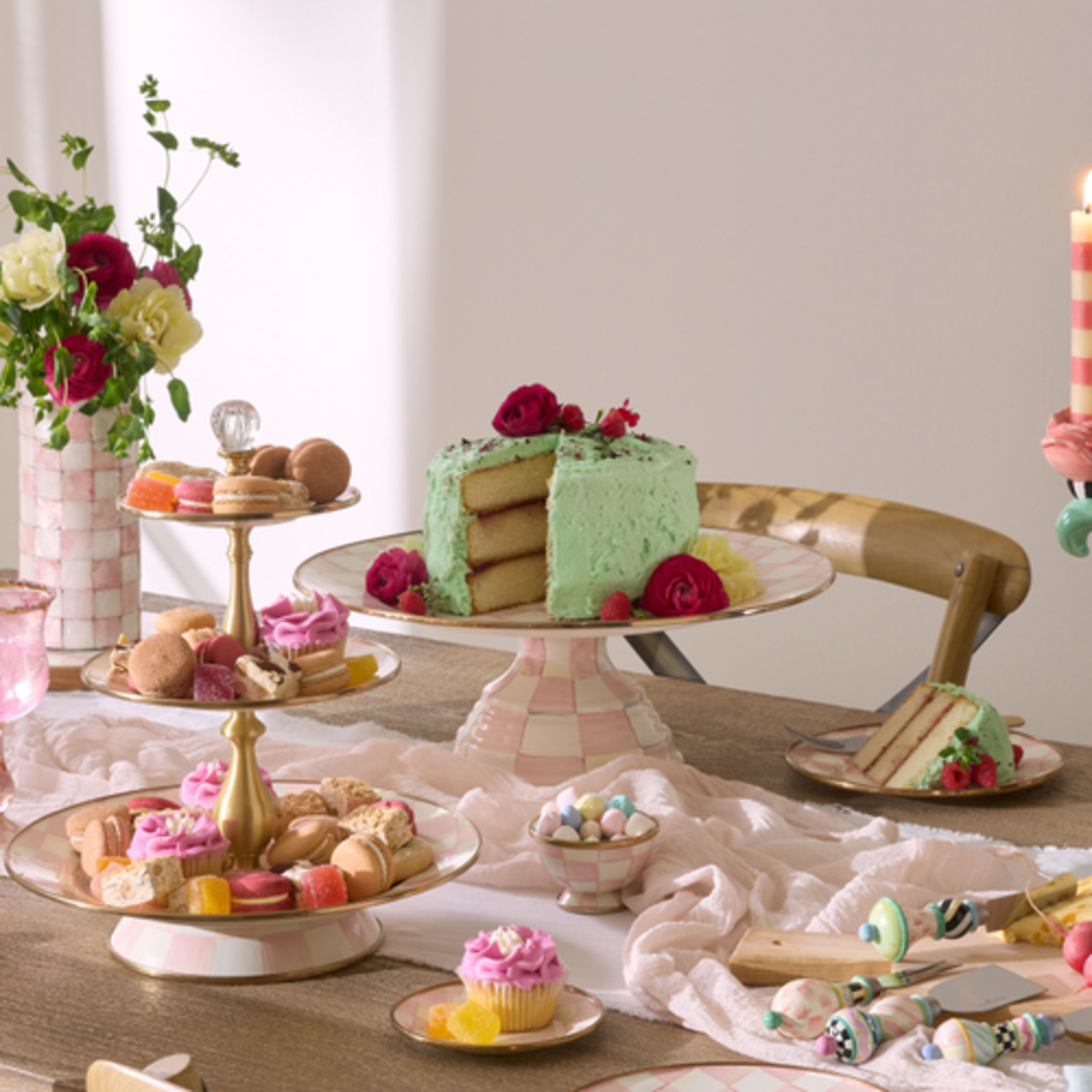 MacKenzie-Childs rosy check large pedestal platter