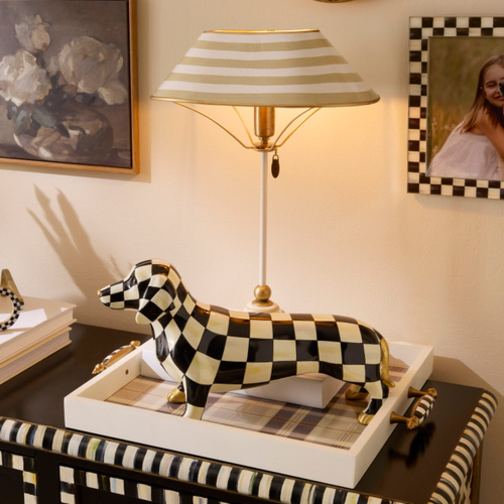 MacKenzie-Childs mocha tartan serving tray