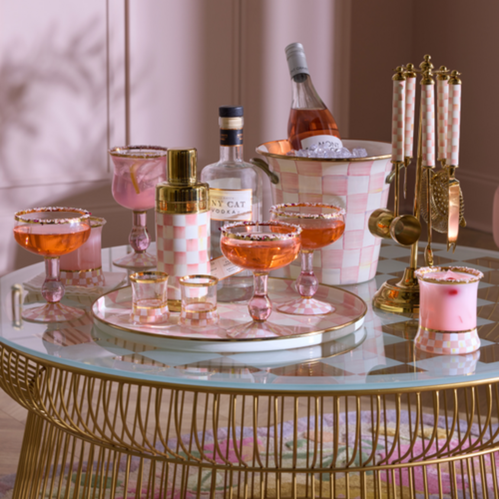 MacKenzie-Childs rosy check tumbler glass, set of 2