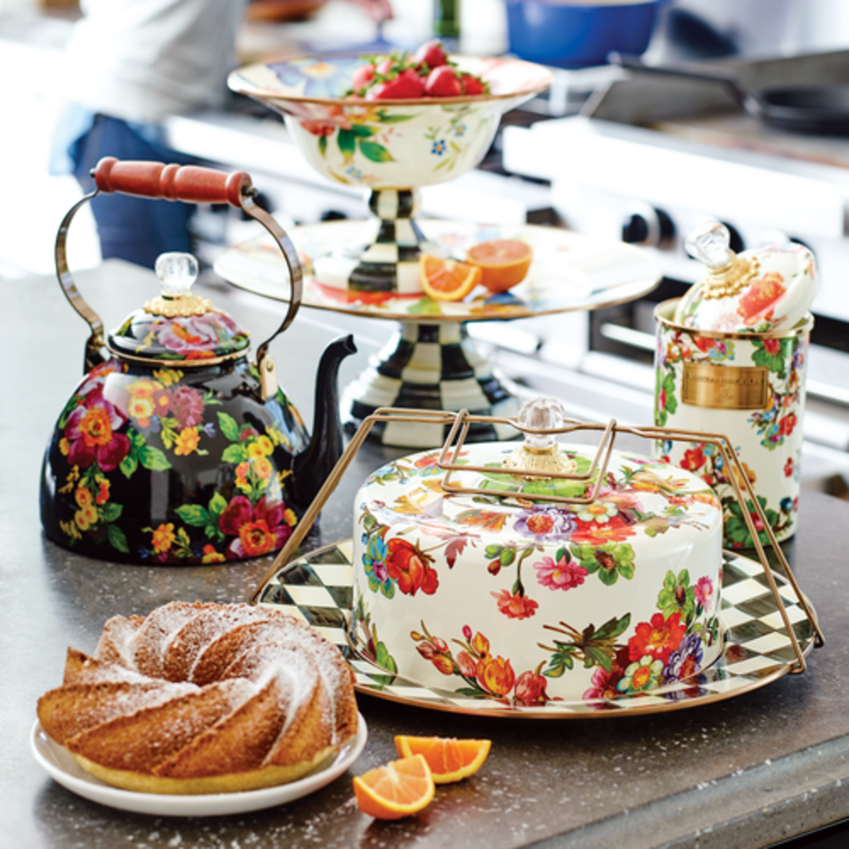 MacKenzie-Childs white flower market cake carrier