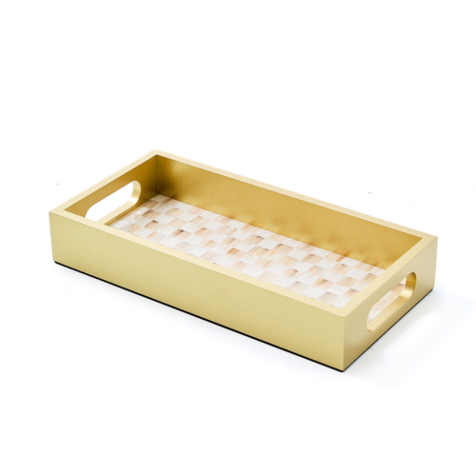 MacKenzie-Childs mocha check glass vanity tray