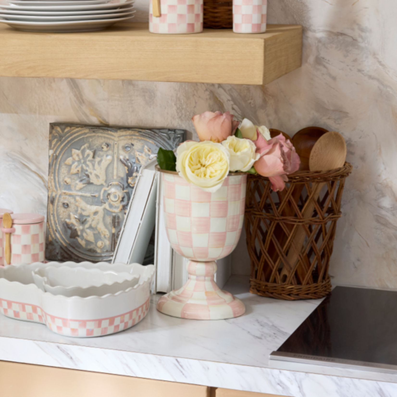 MacKenzie-Childs rosy check pedestal vase