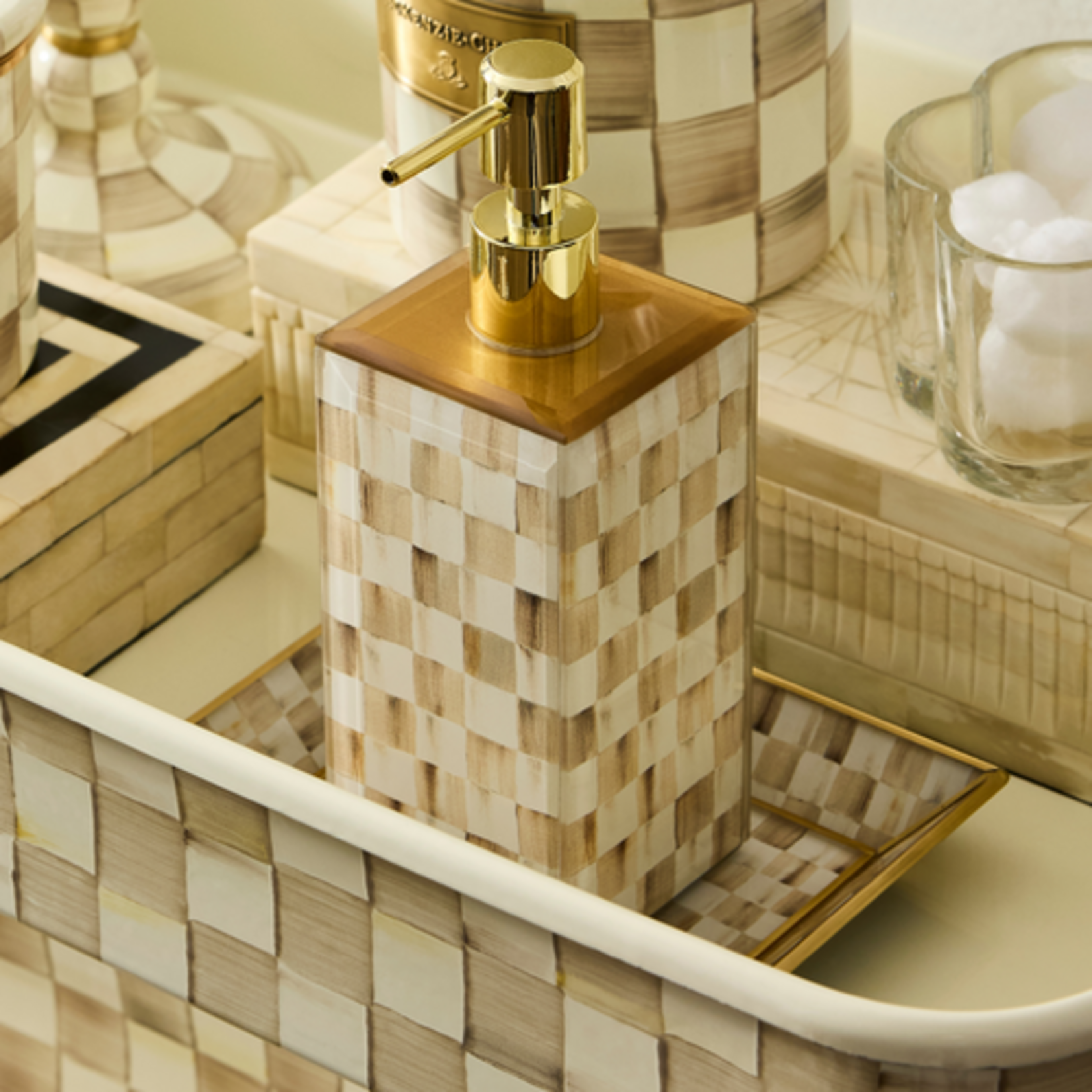 MacKenzie-Childs mocha check small glass vanity tray