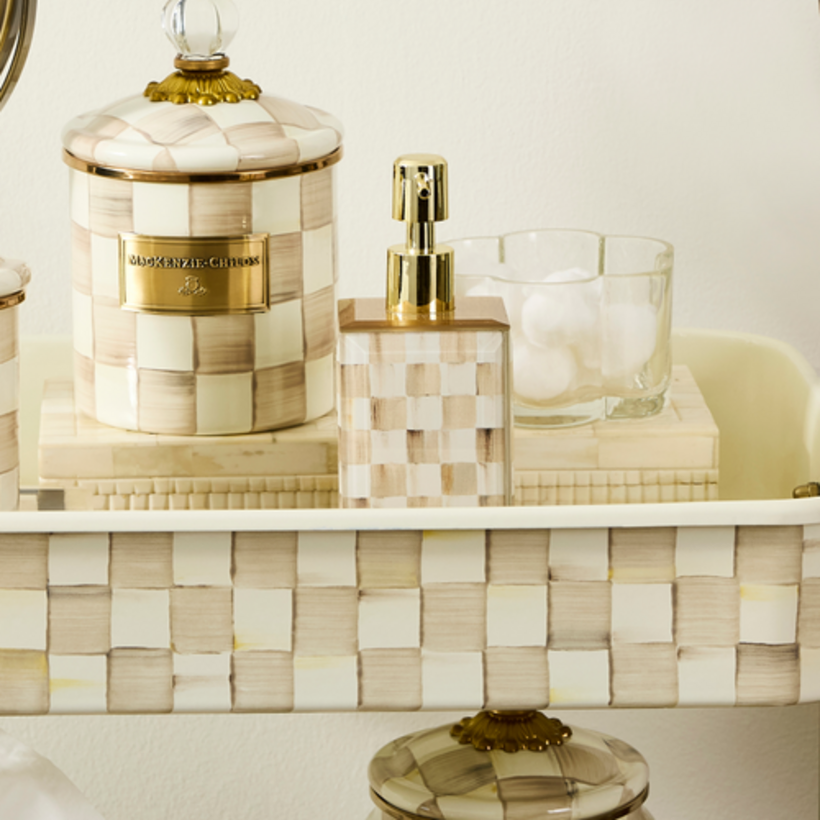 MacKenzie-Childs mocha check glass soap pump