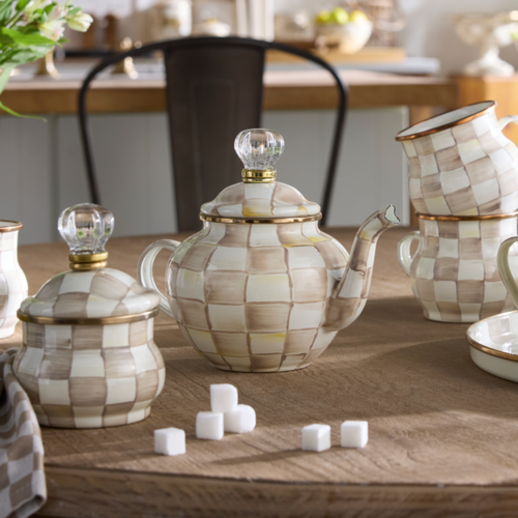 MacKenzie-Childs mocha check 4 cup teapot
