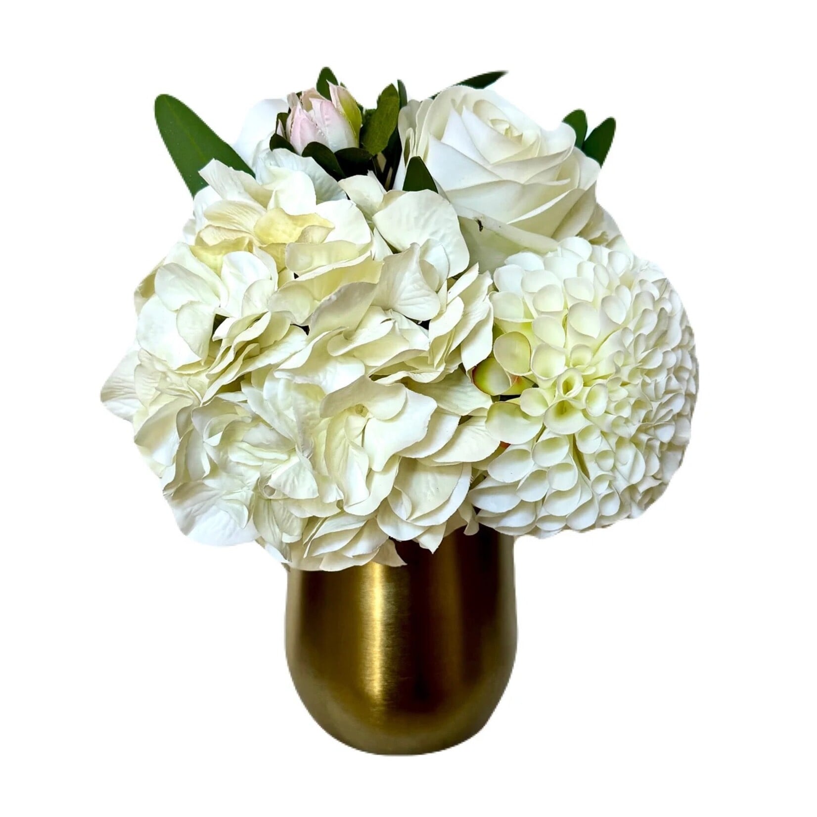 Metal Vase Gold Large - Artificial Dahlia & Rose White and Hydrangea White