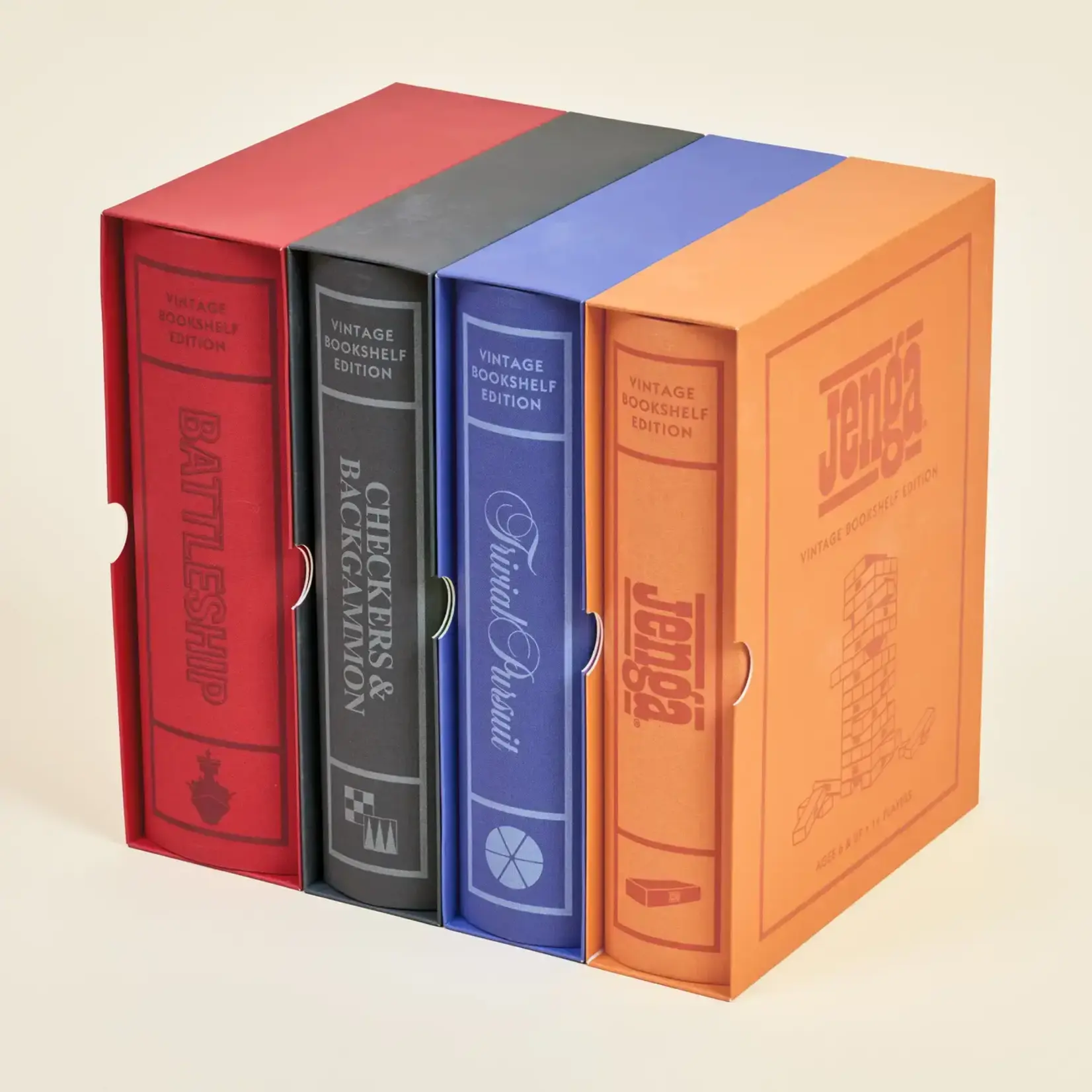 WS Game Company 4-Pack Vintage Bookshelf Games (Jenga, Battleship, Trivial, Checkers/Backgammon)