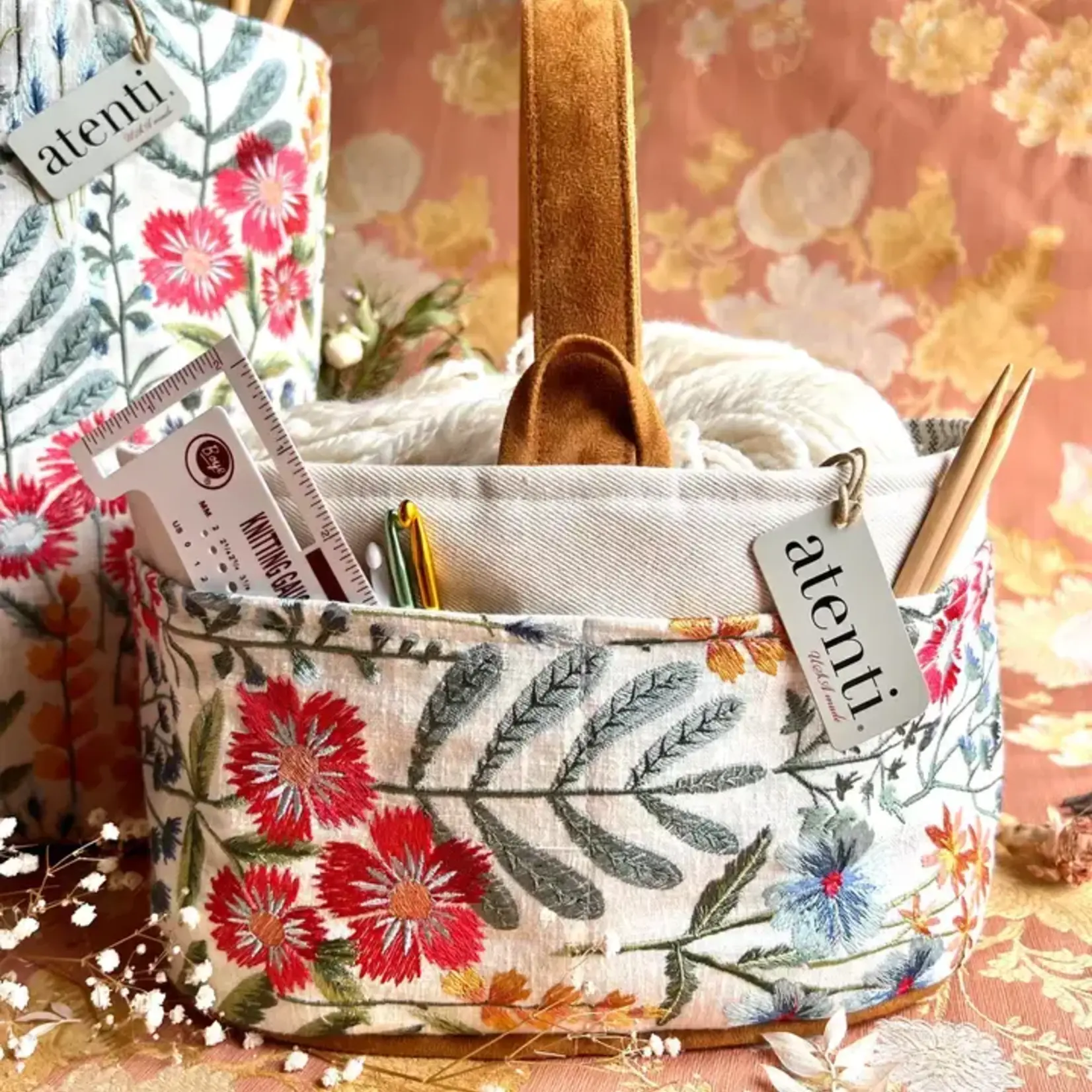 Atenti Wildflower Caddy– Handmade USA Embroidered Floral Yarn & Notions Organizer, Atenti Project Bag